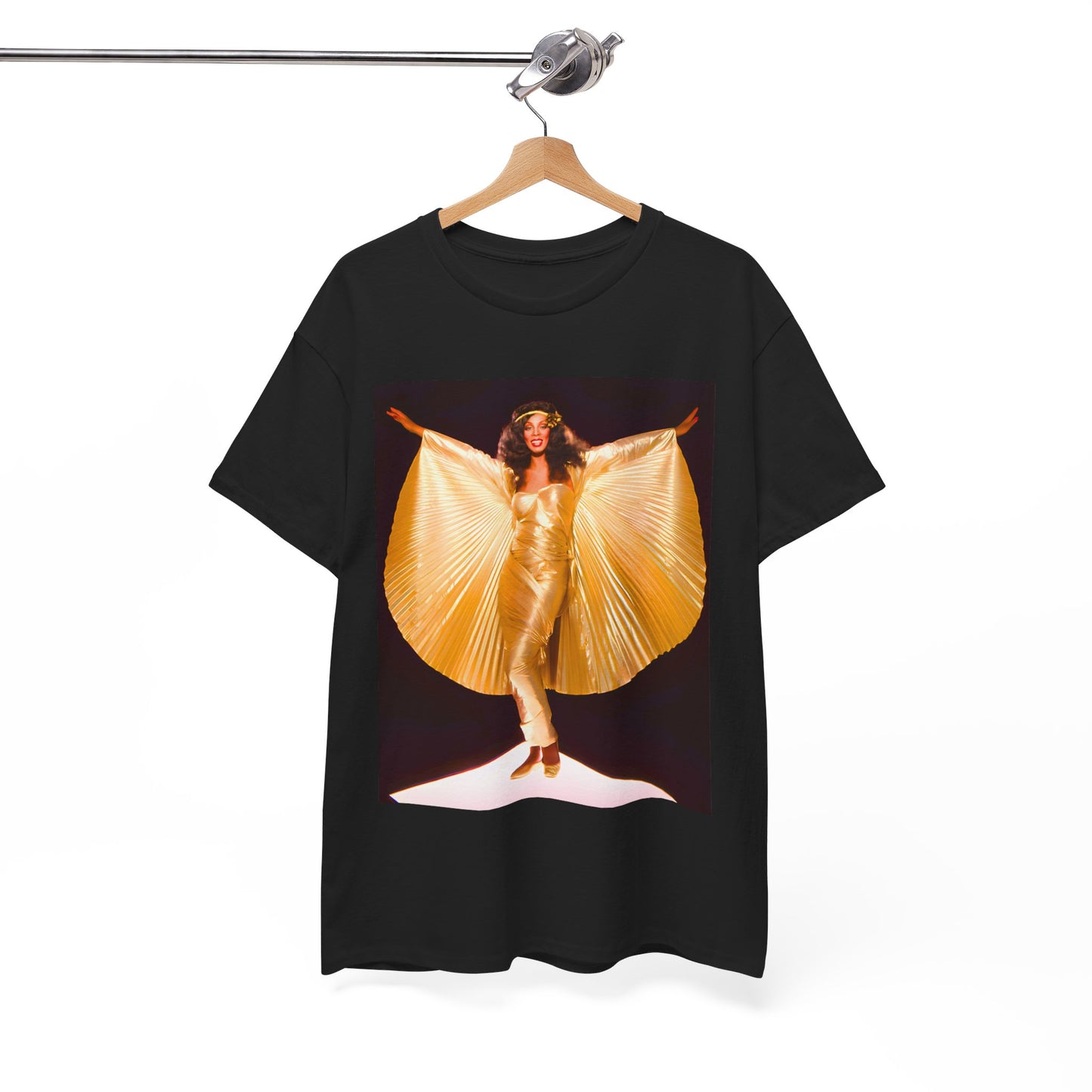 A black graphic t-shirt featuring a vintage graphic of Donna Summer as the Queen of Disco.