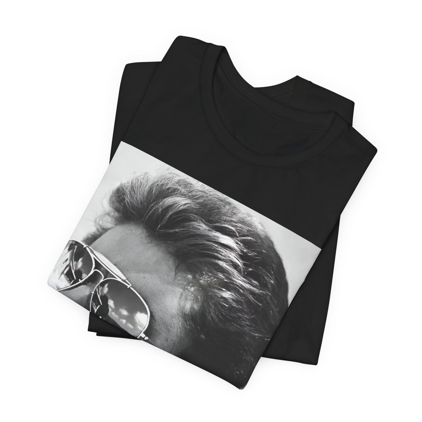 A black graphic t-shirt featuring a photo of George Michael wearing iconic sunglasses.