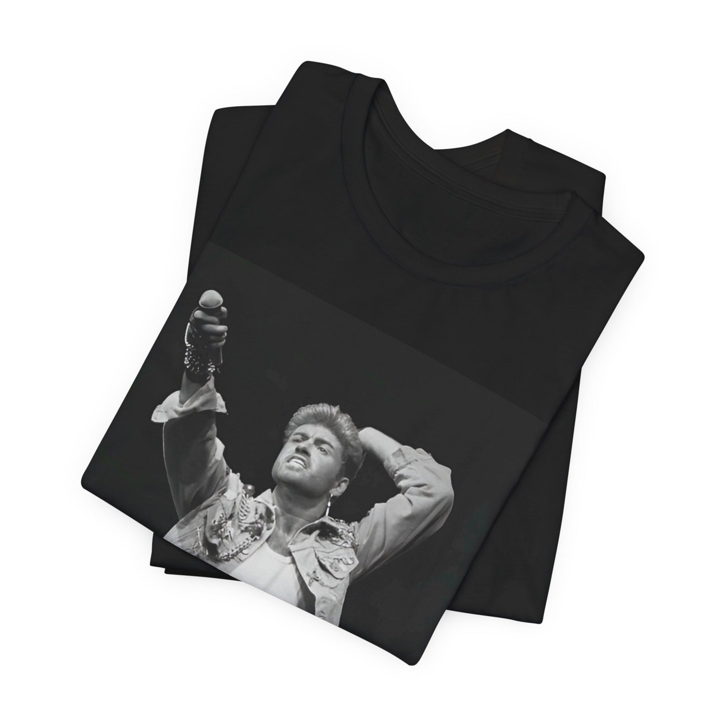 A black graphic t-shirt featuring a graphic or photo of George Michael performing live on stage.