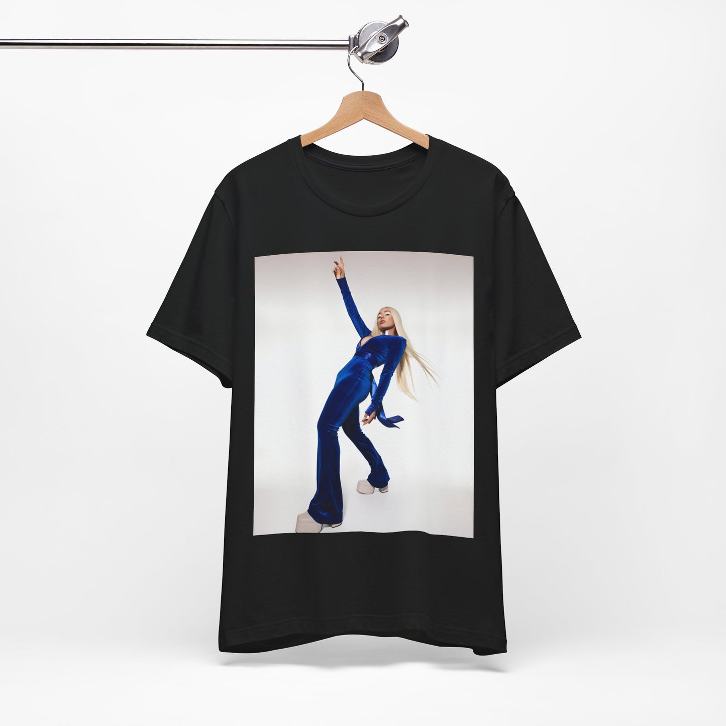 A black graphic t-shirt featuring Ava Max in a blue jumpsuit, in a graphic or photo style.