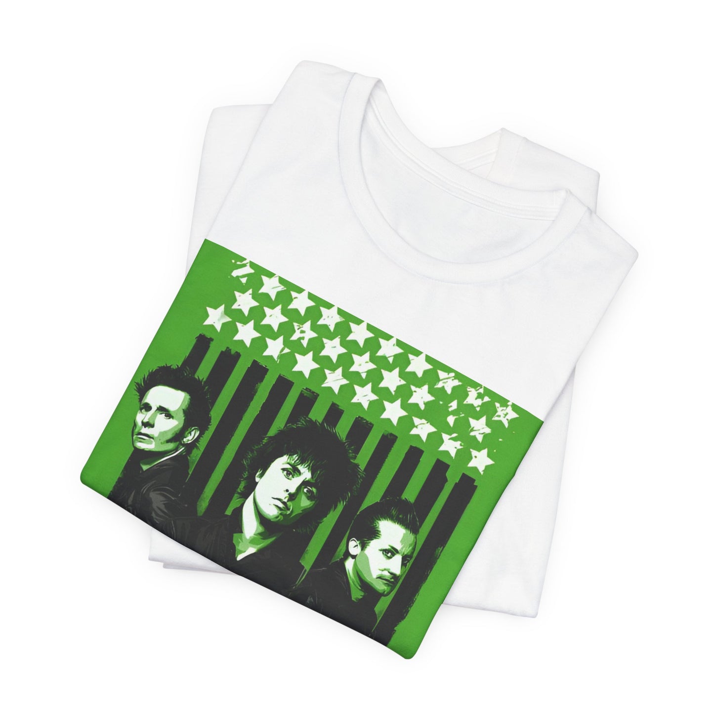 A black graphic t-shirt featuring a retro graphic of Green Day related to their 'American Idiot' album.