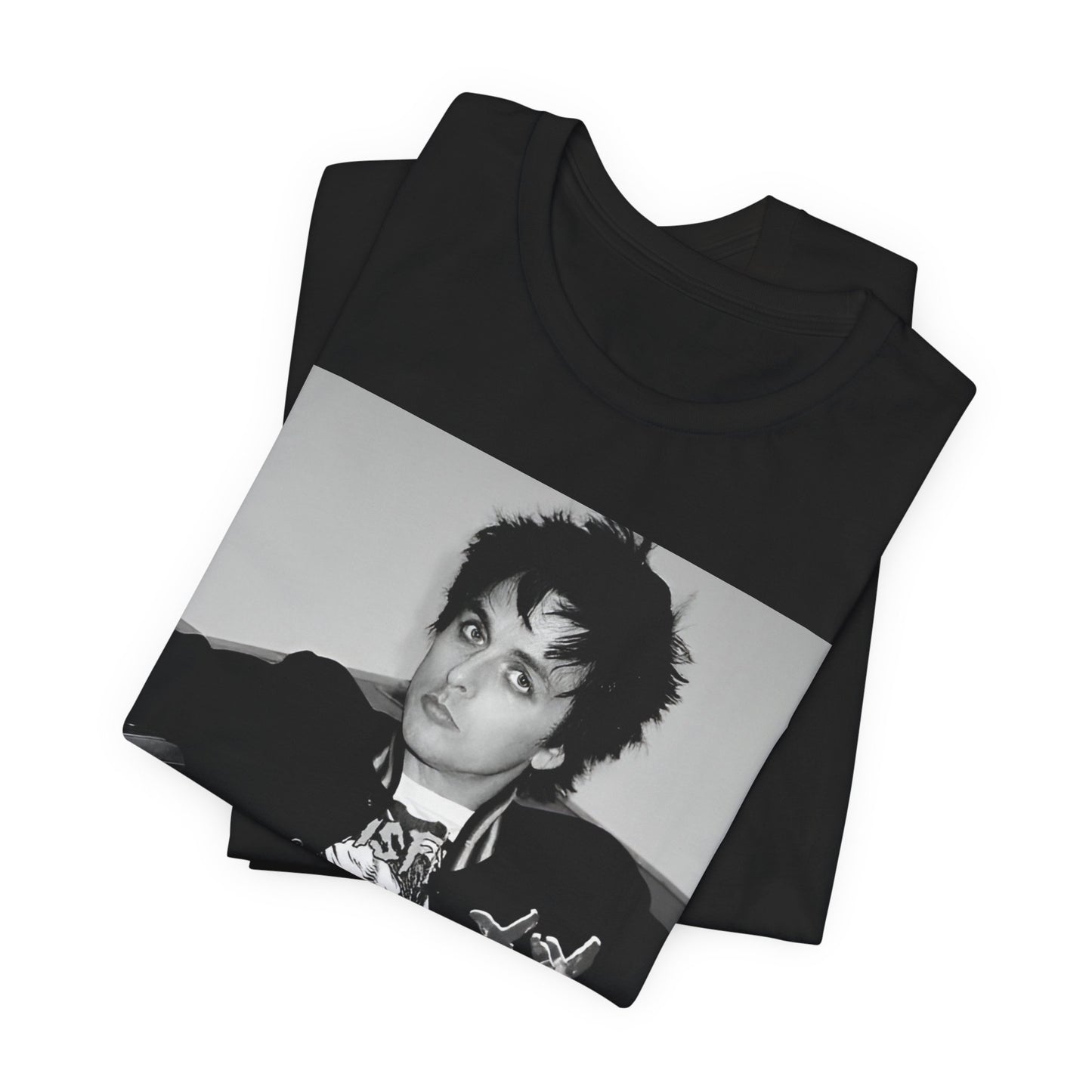 A black graphic t-shirt featuring a graphic of Billie Joe Armstrong from Green Day.
