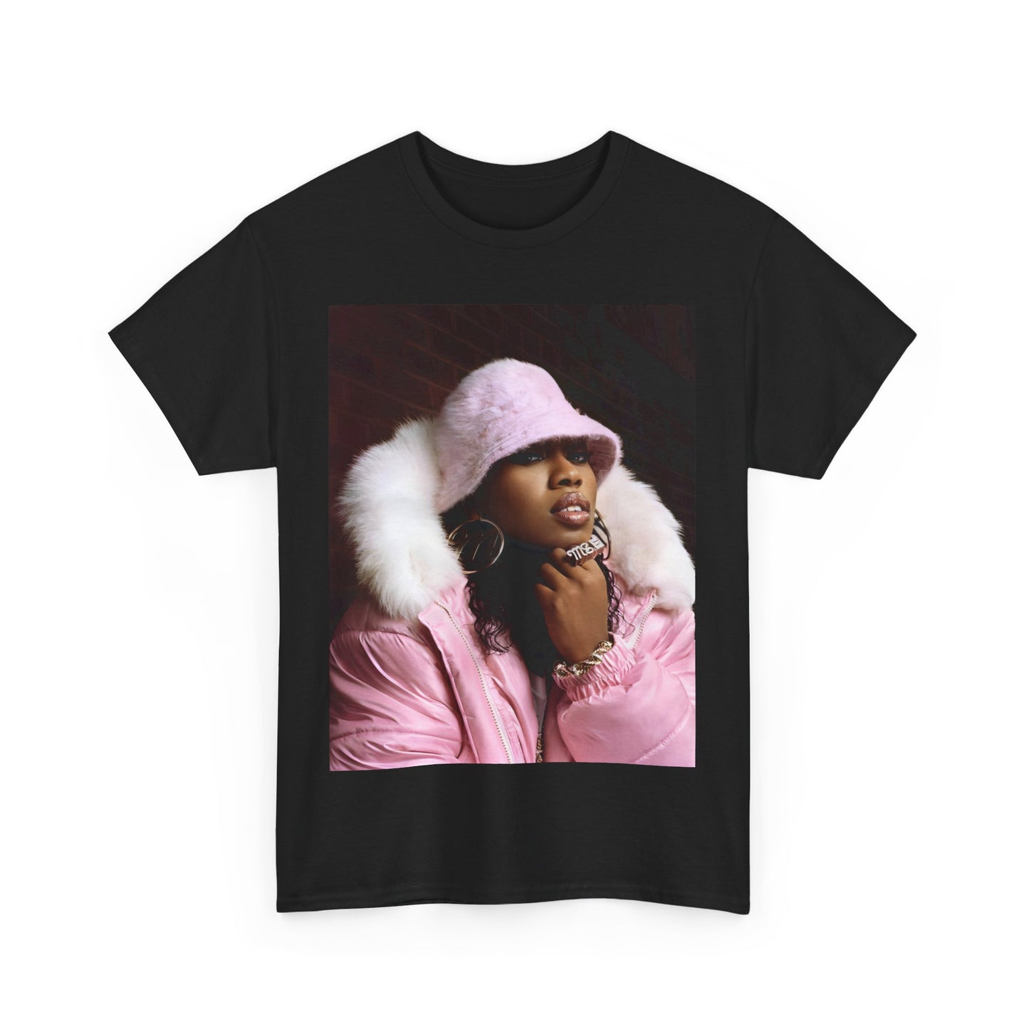 A black graphic t-shirt featuring a graphic of Missy Elliott as an underground hip hop queen.