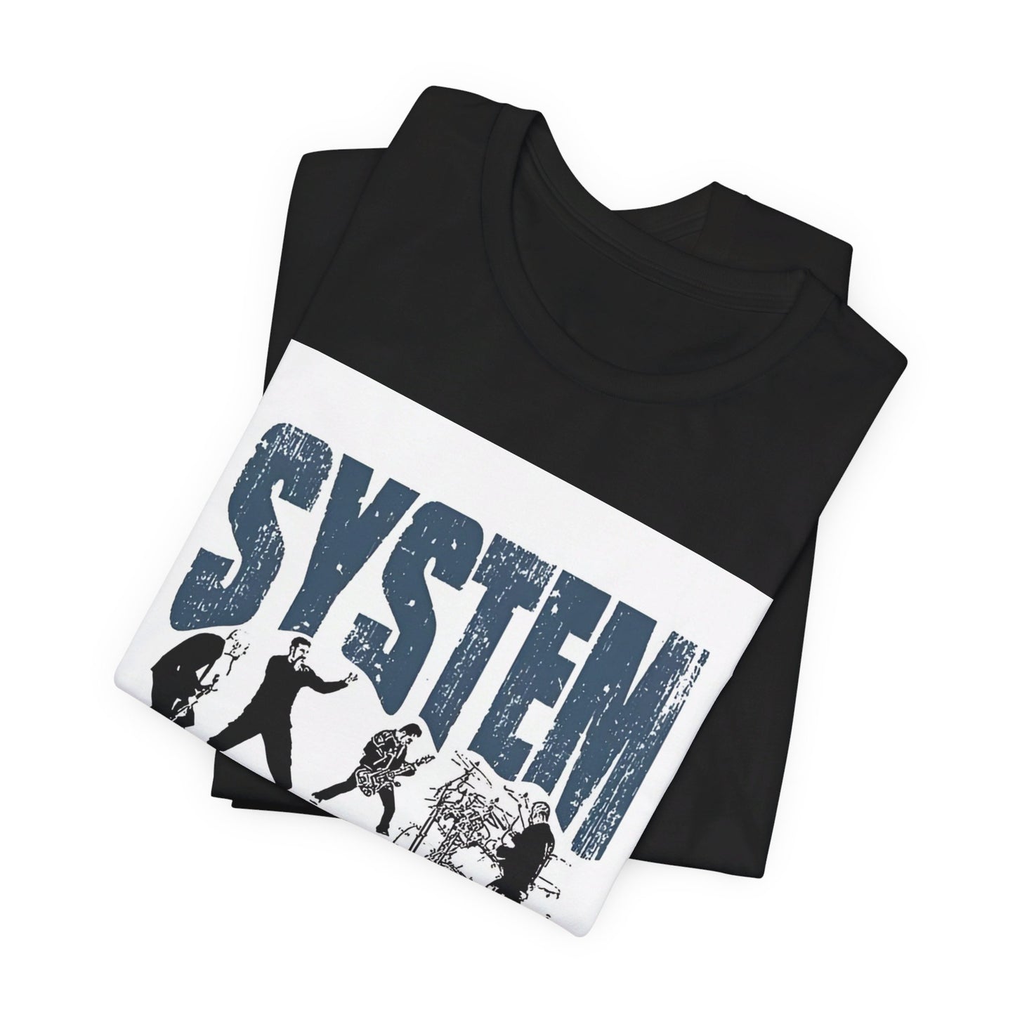 A black graphic t-shirt featuring a graphic of System of a Down as nu-metal pioneers.