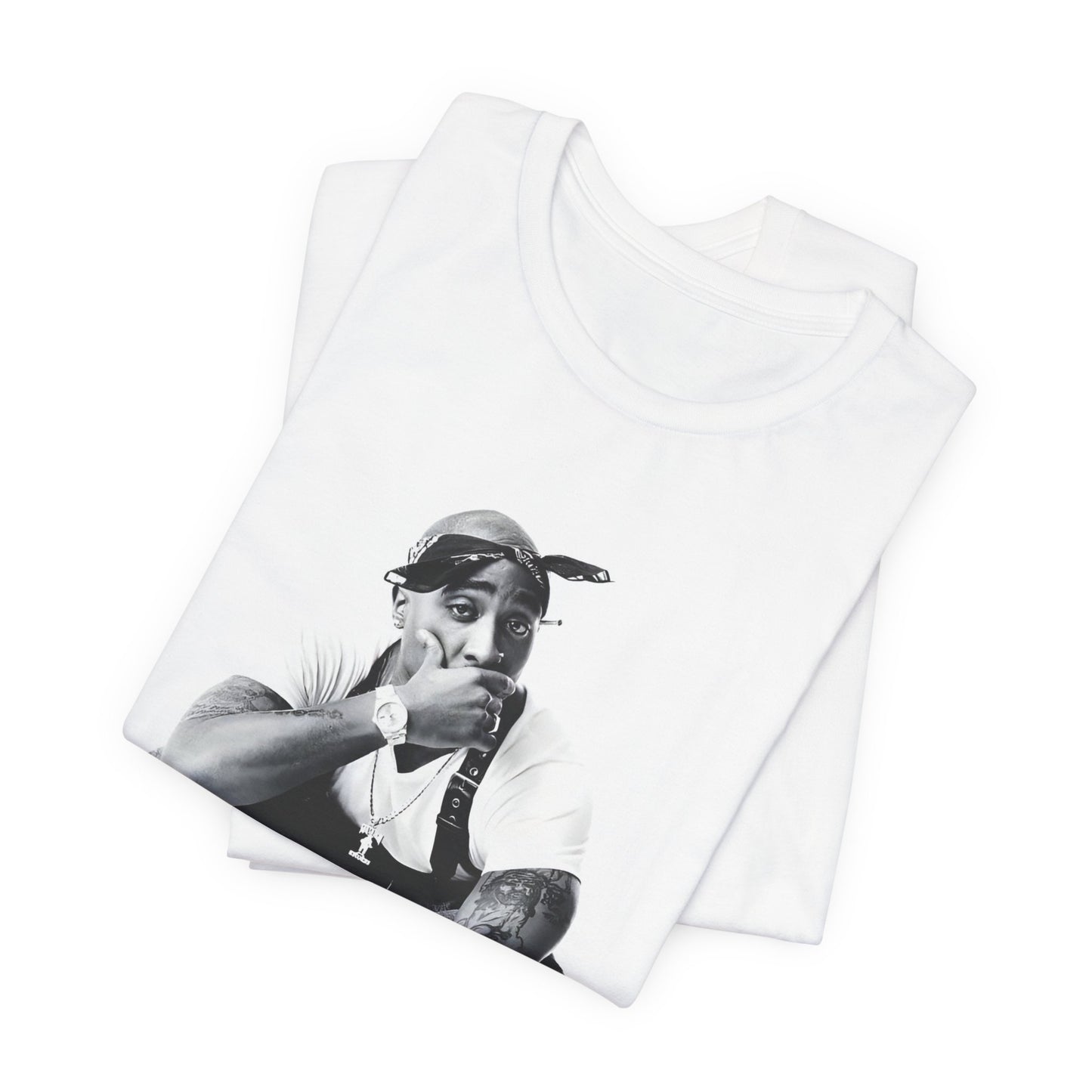 A black graphic t-shirt featuring a graphic of Tupac with a conscious rap vibe.