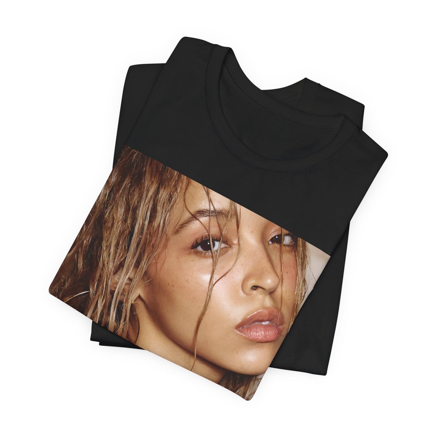 A black graphic t-shirt featuring a nostalgic indie R&B vibes graphic of Tinashe.