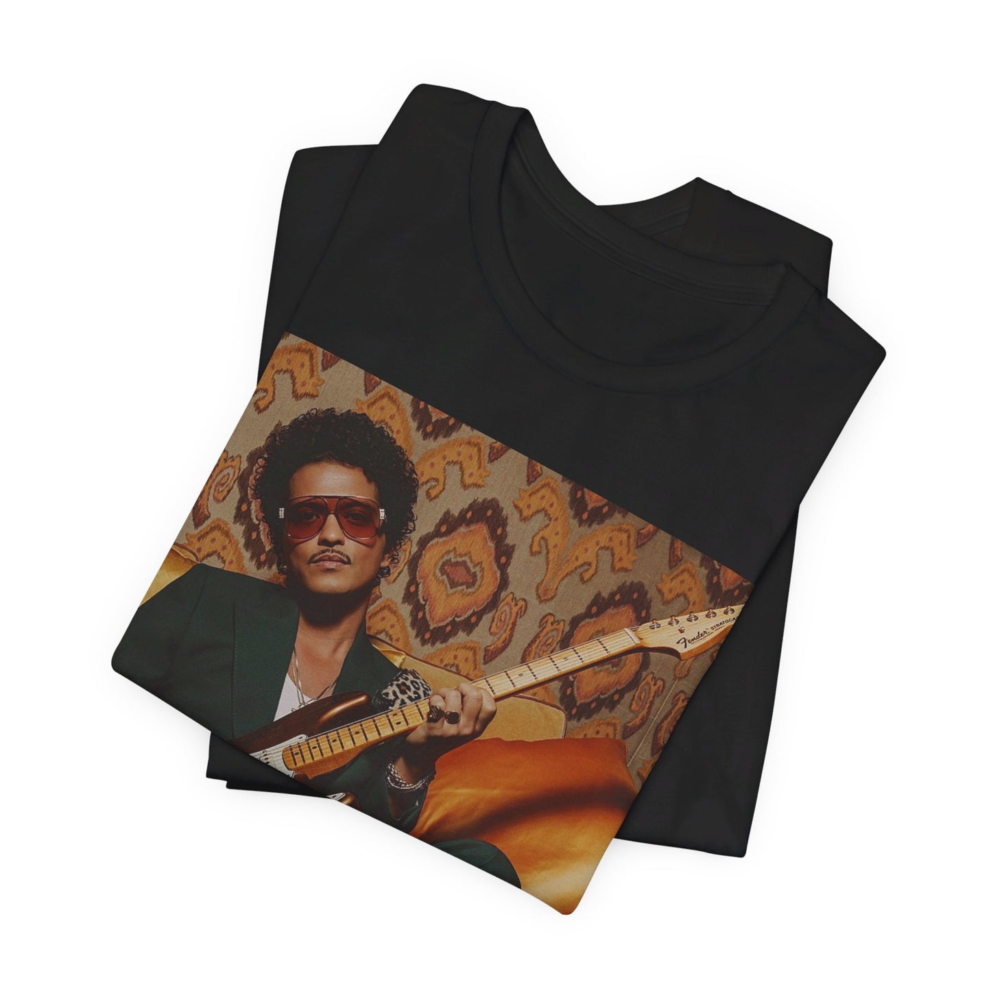 A black graphic t-shirt featuring a graphic of Bruno Mars playing guitar, emphasizing his funk legend status.