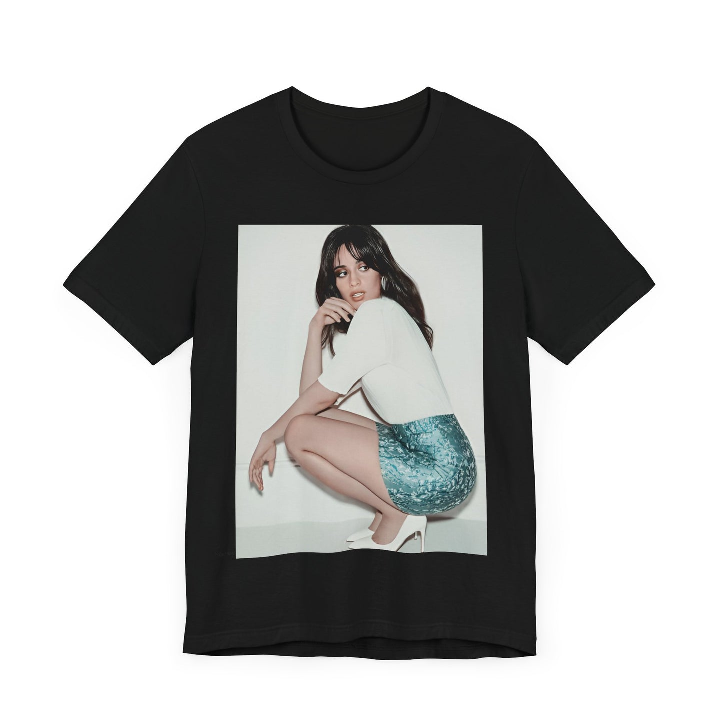 A black graphic t-shirt featuring a stylized graphic of Camila Cabello as a Latin pop princess.
