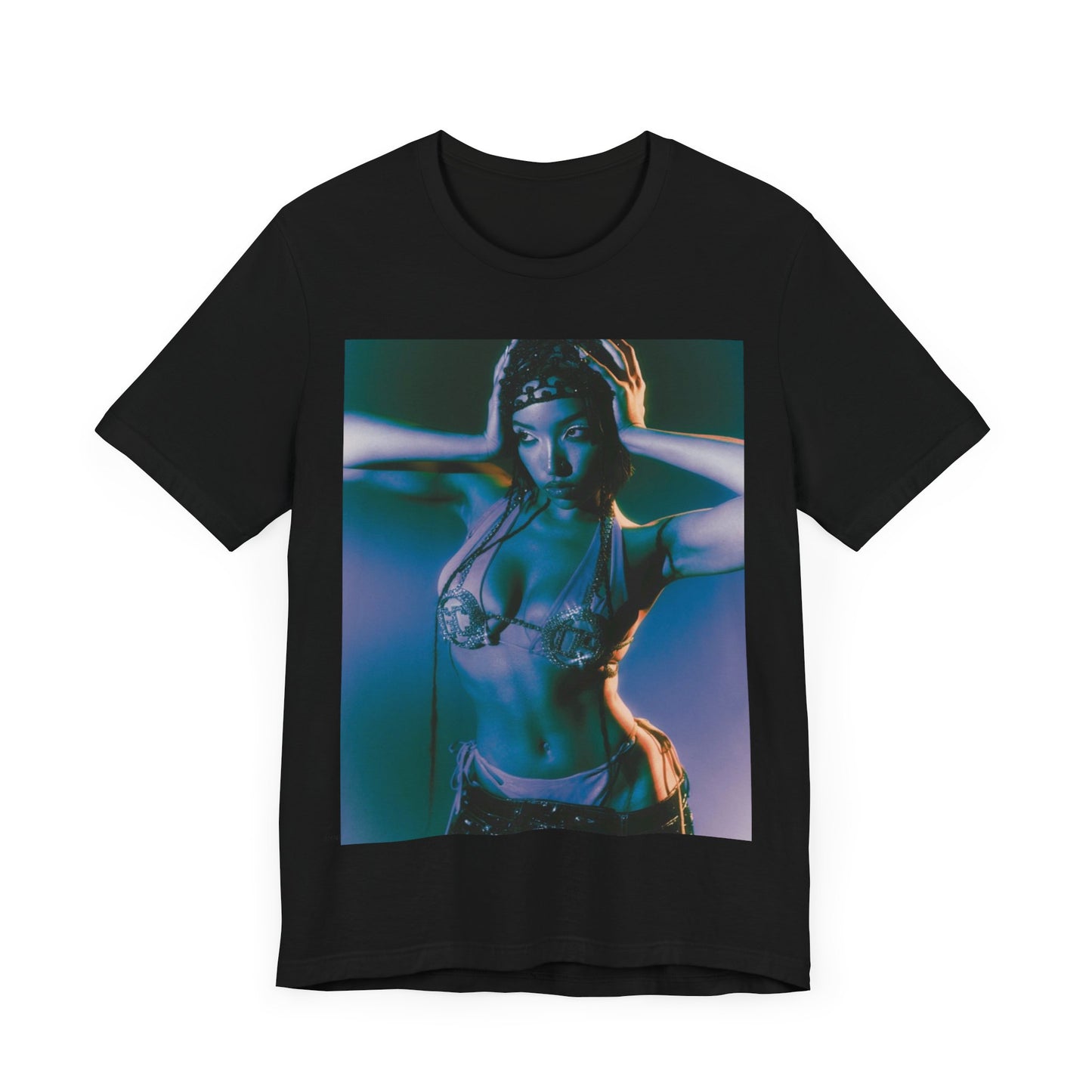 A black graphic t-shirt featuring a graphic of Tinashe as a choreography queen.