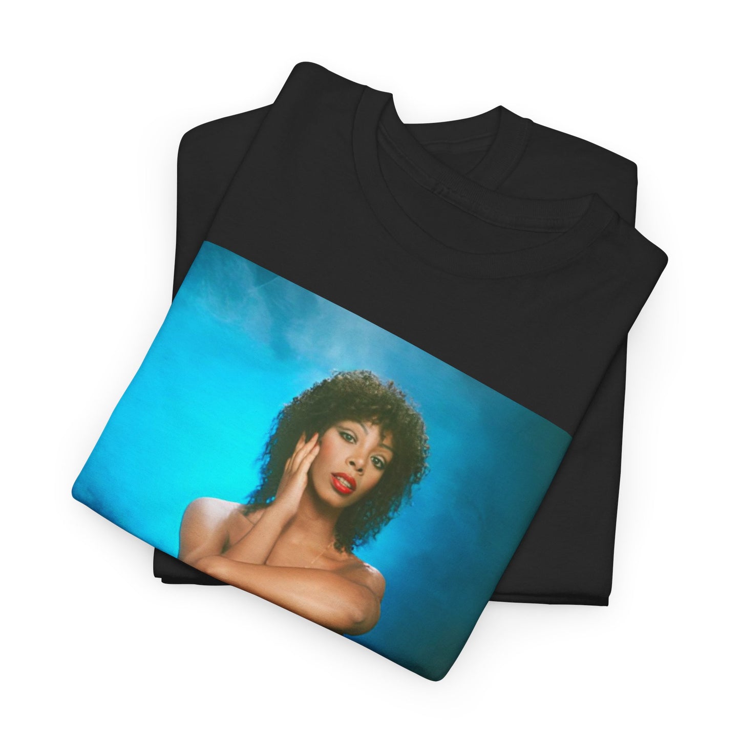 A black graphic t-shirt featuring a vintage 70s graphic of Donna Summer as a disco queen.