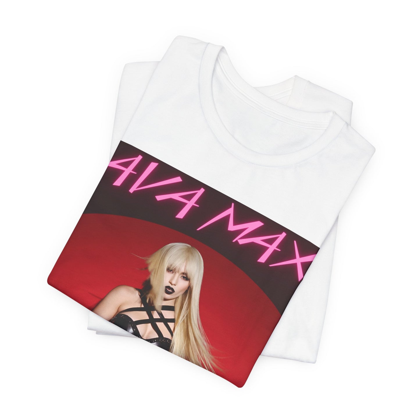 A black graphic t-shirt featuring a stylized graphic of Ava Max, emphasizing her status as a pop icon.