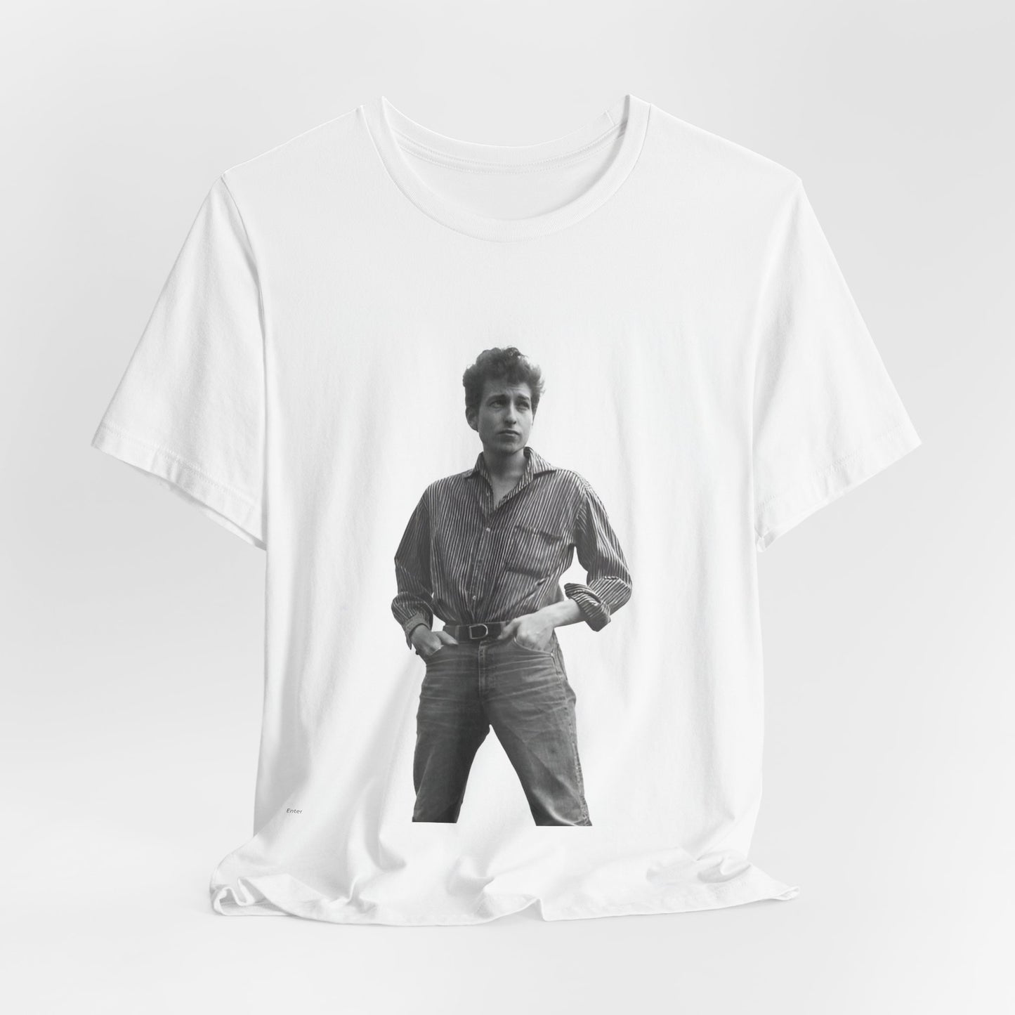 A black graphic t-shirt featuring a vintage 60s folk aesthetic graphic of Bob Dylan.