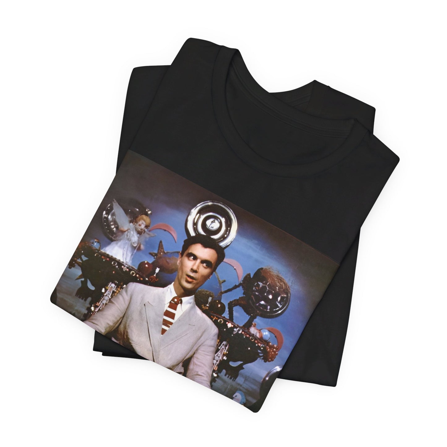 A black graphic t-shirt featuring a graphic related to Talking Heads' 'Psycho Killer' song or era.