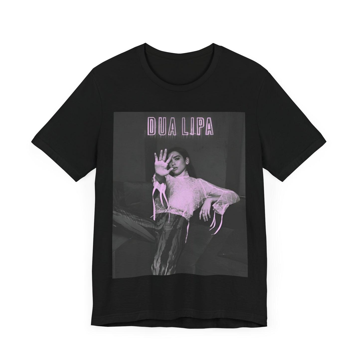 A black graphic t-shirt featuring a photo of Dua Lipa with a pink monochrome effect.