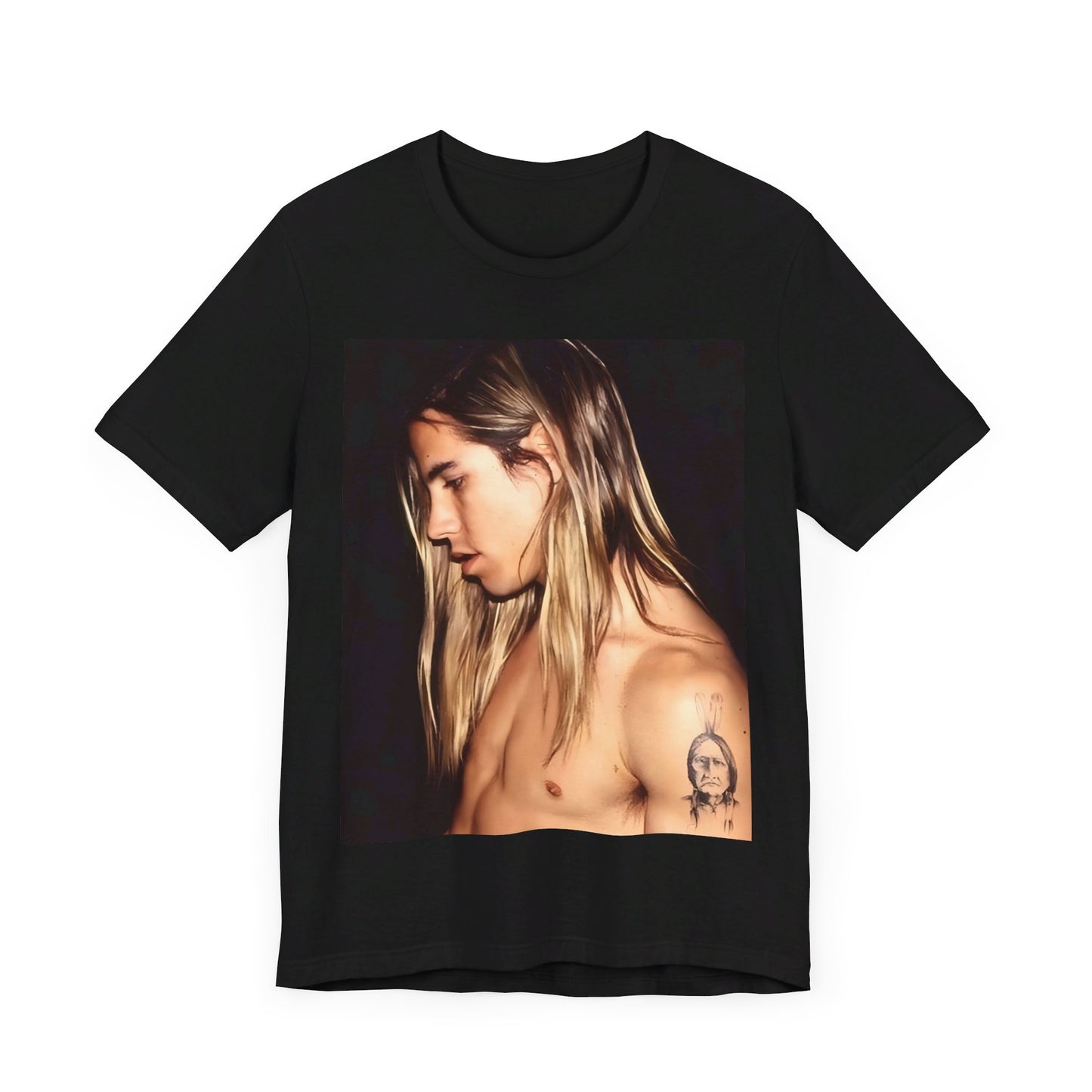 A black graphic t-shirt featuring a 90s graphic of Anthony Kiedis from Red Hot Chili Peppers, evoking LA style.