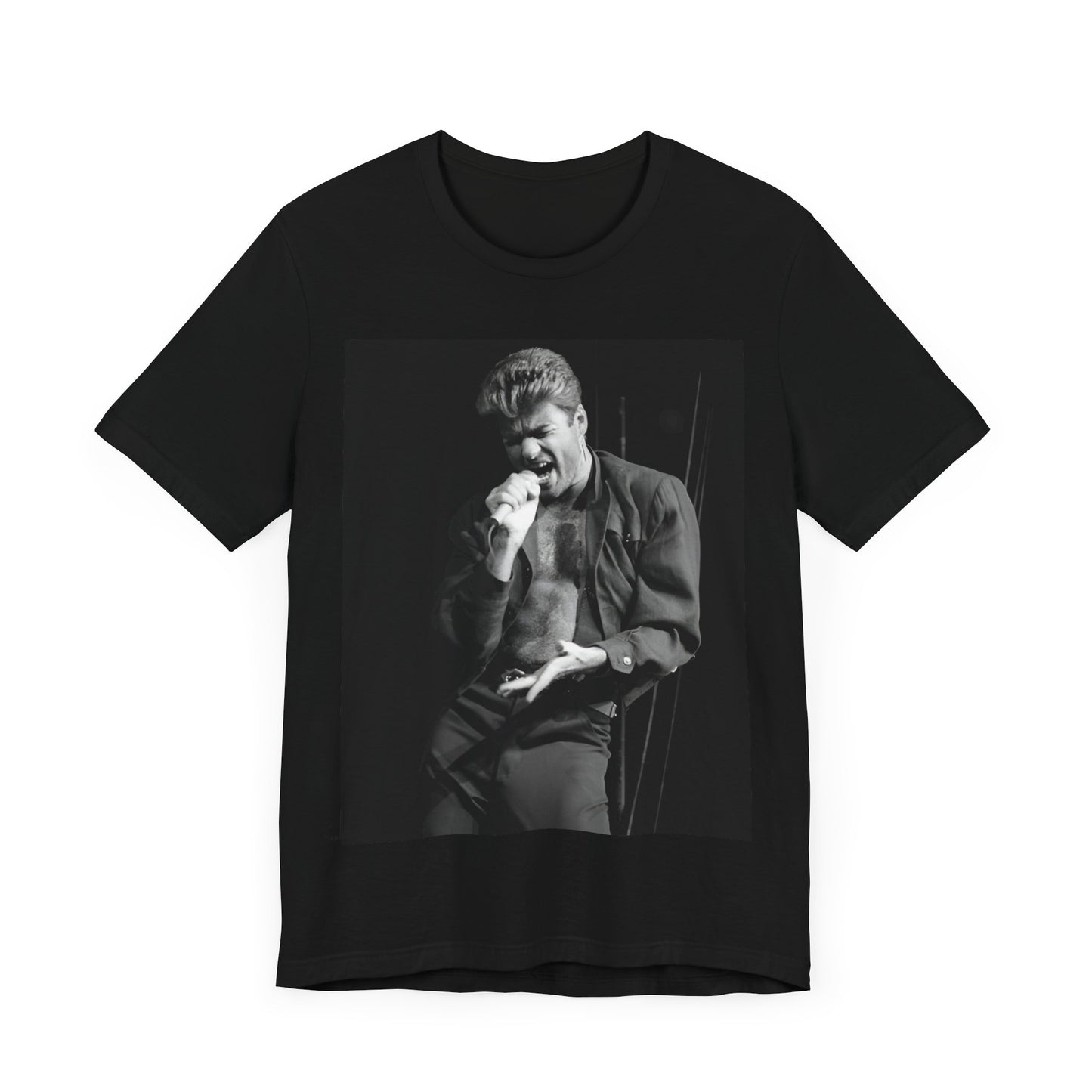 A black graphic t-shirt featuring a glamorous photo or graphic of George Michael performing live.
