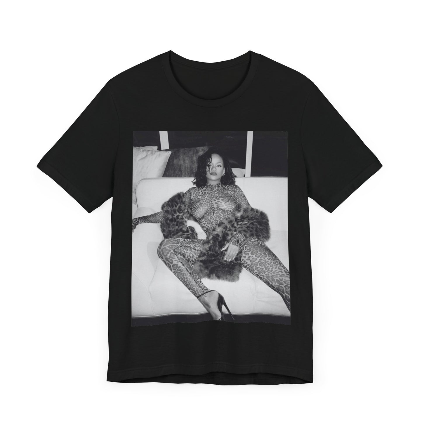 A black graphic t-shirt featuring a black and white, monochrome graphic or photo of Rihanna in a sexy pose.