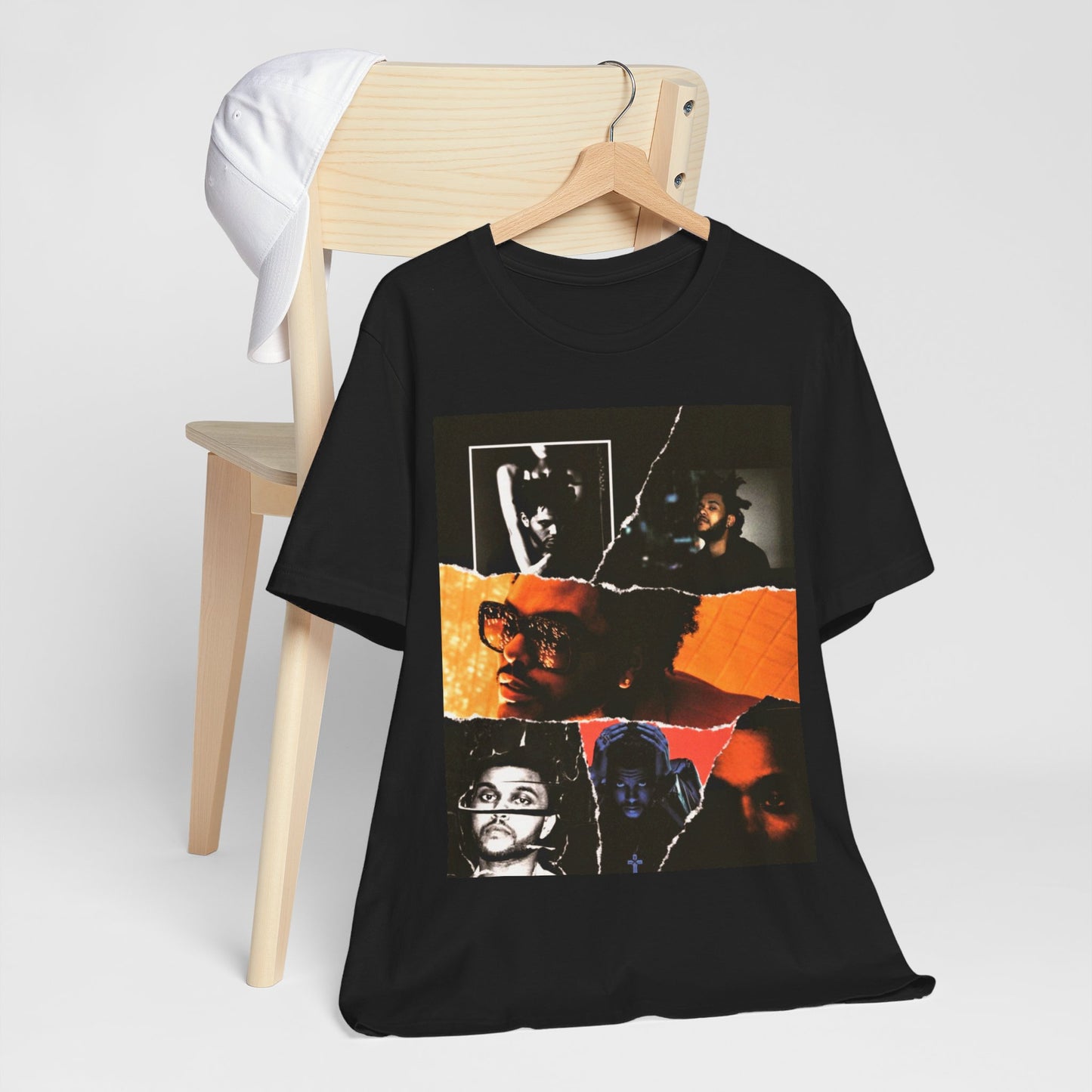 A black graphic t-shirt featuring a retro bootleg graphic of The Weeknd.