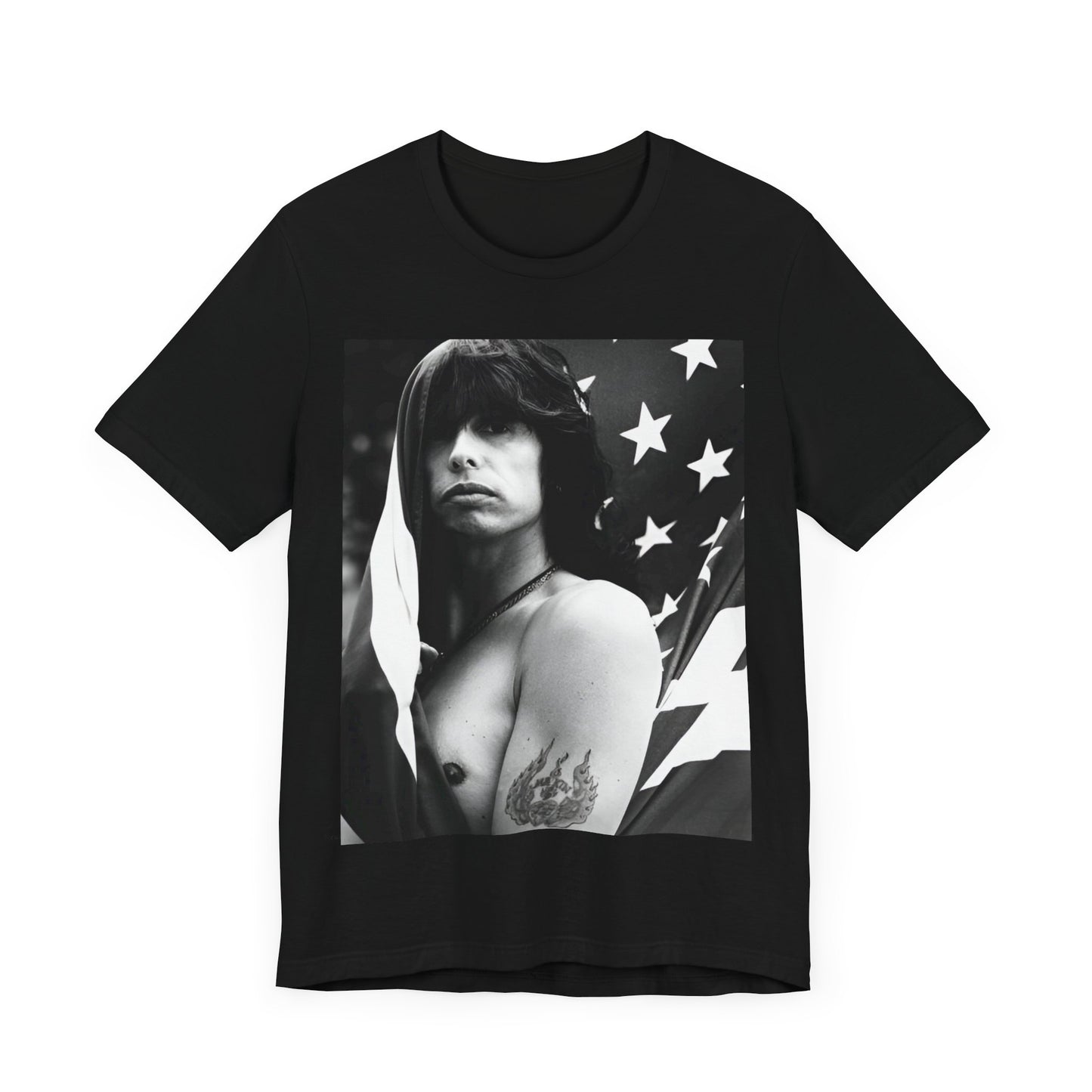 A black graphic t-shirt featuring a retro 70s-style illustration or photo of Aerosmith, integrated with elements of the American flag.