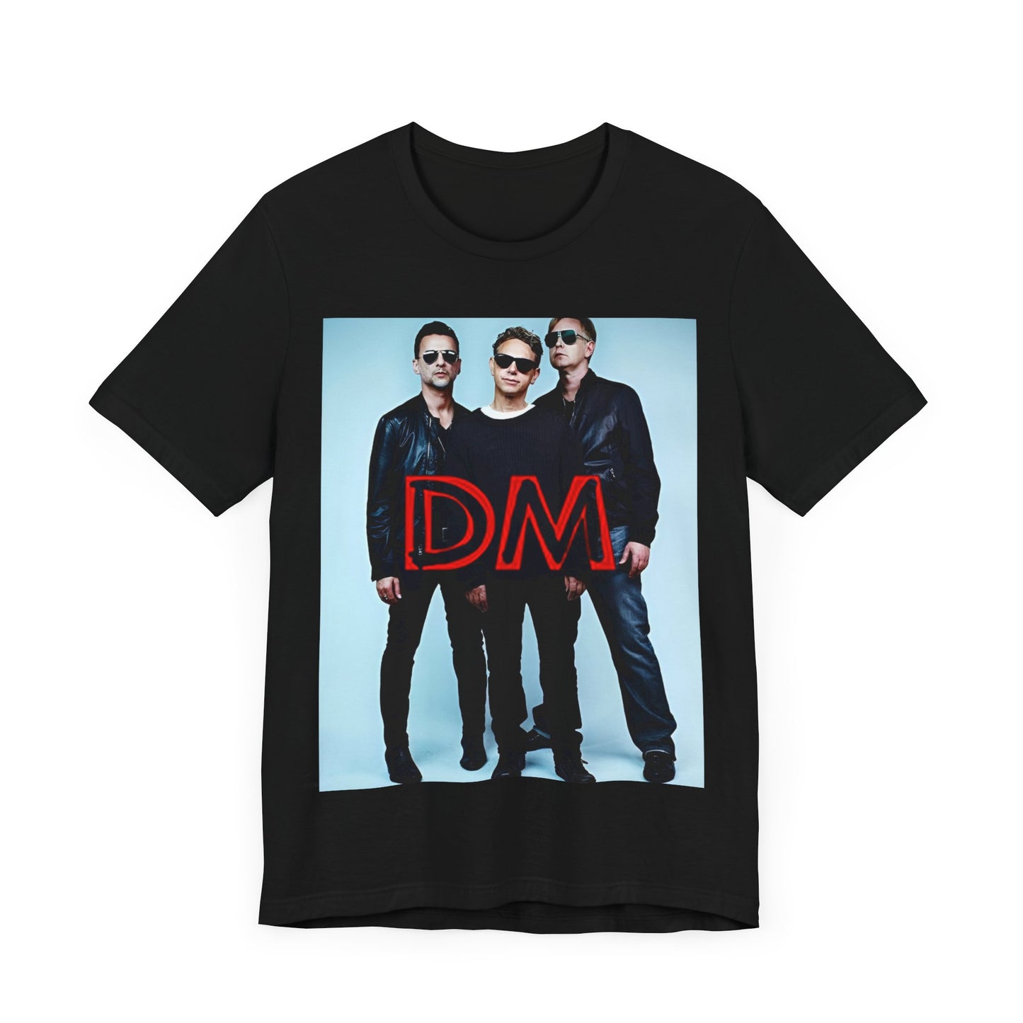 A black graphic t-shirt featuring a retro electropop graphic of Depeche Mode.
