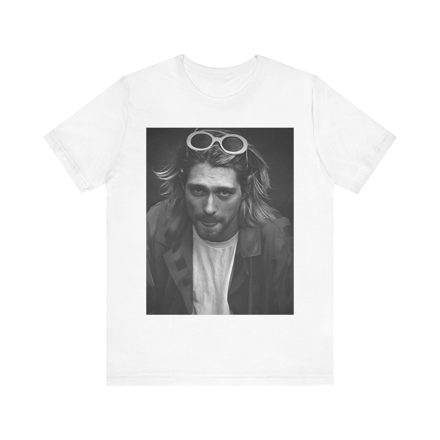 A black graphic t-shirt featuring a photo of Kurt Cobain from Nirvana wearing sunglasses.