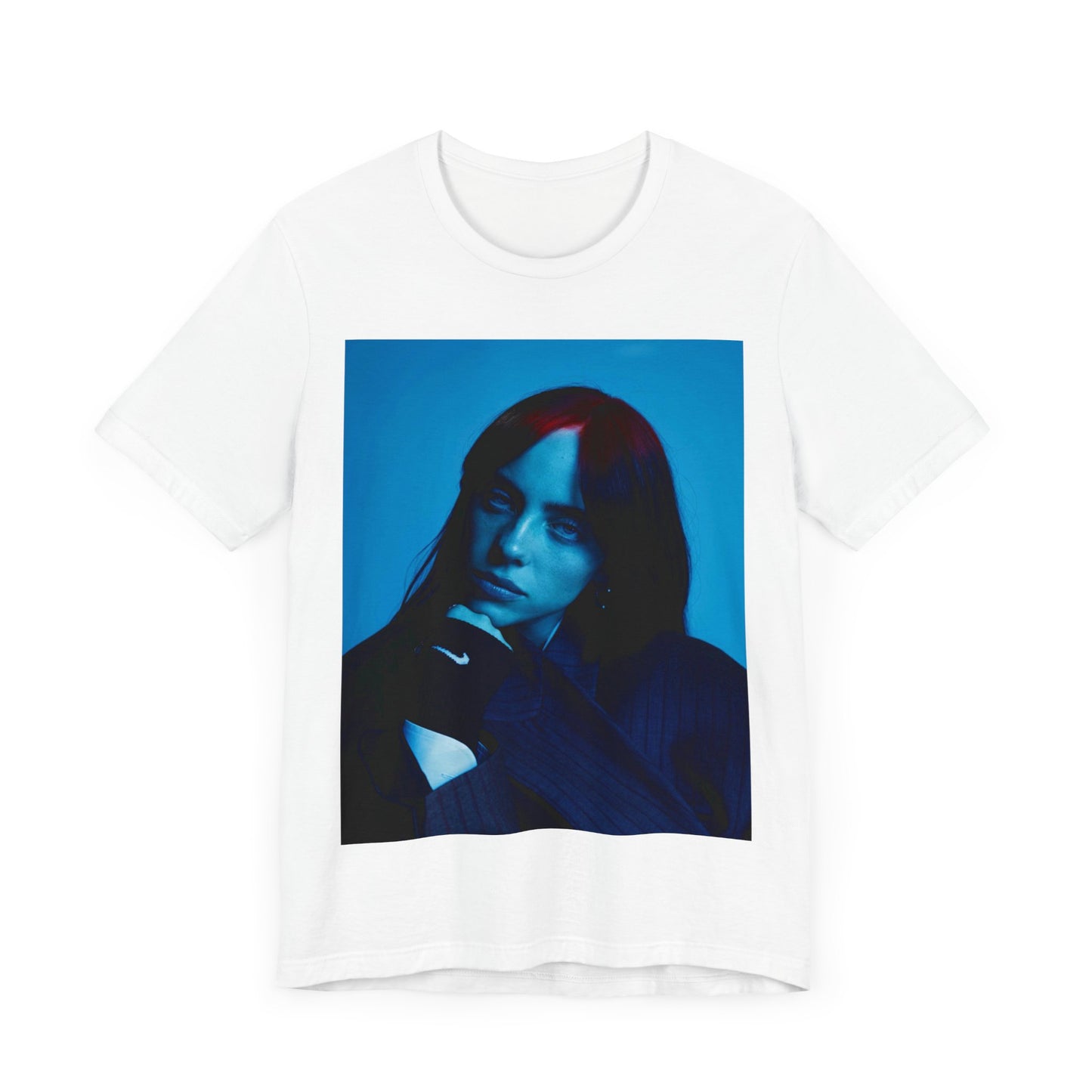 A soft, slightly blurred photo of Billie Eilish, evoking the dreamy and nostalgic feel of her song 'Ocean Eyes,' printed on a t-shirt.