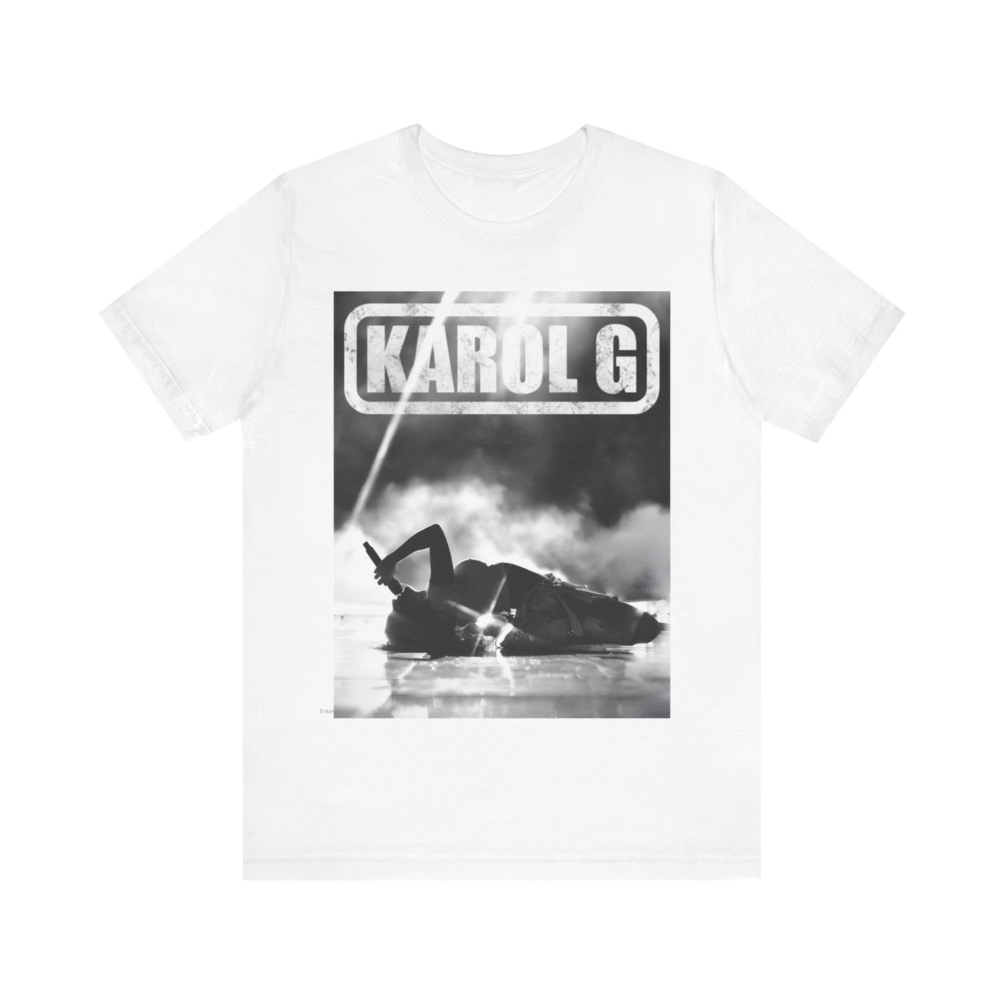 A black graphic t-shirt featuring a black and white graphic or photo of Karol G performing live on stage.