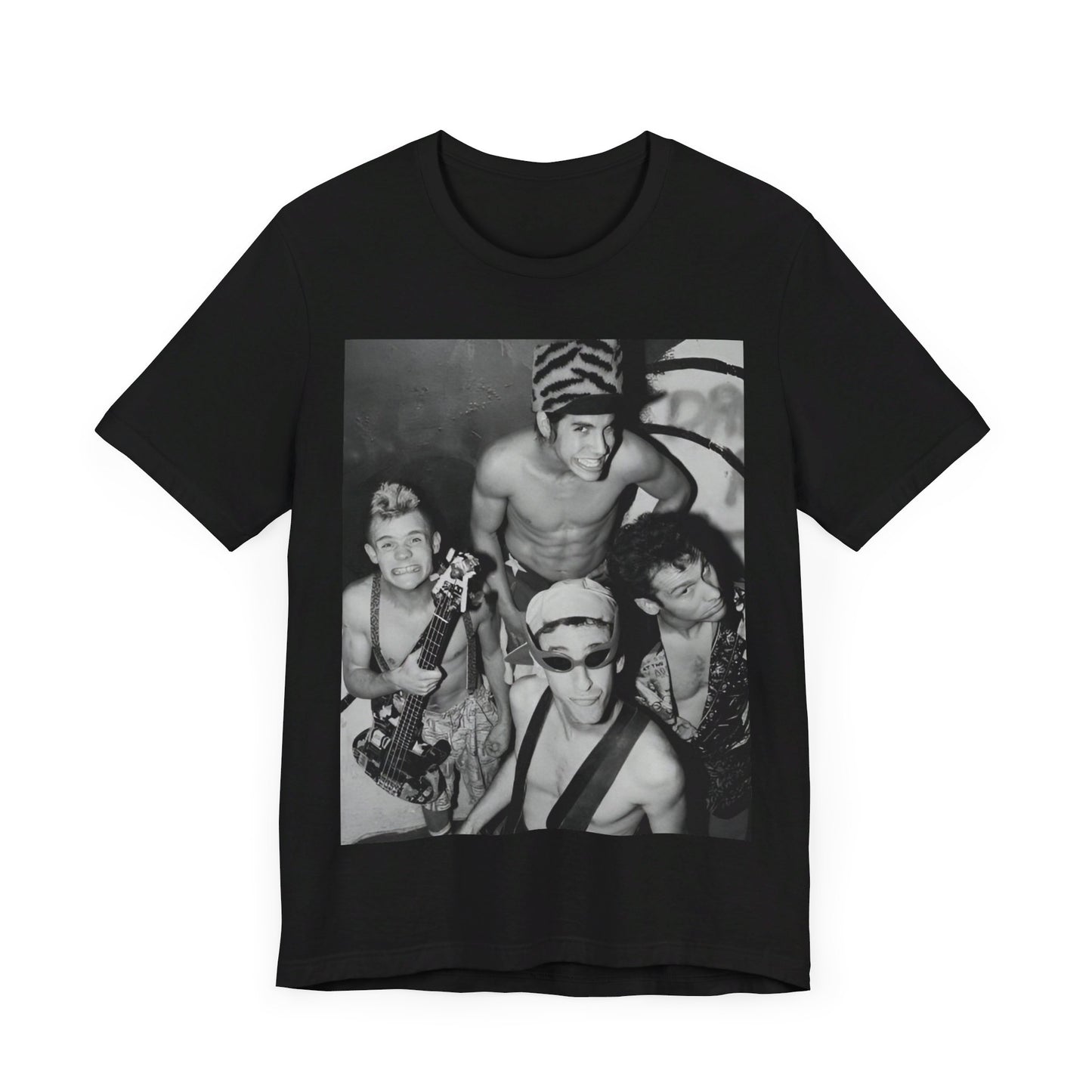 A black graphic t-shirt featuring an 80s vintage funk rock graphic of Red Hot Chili Peppers.