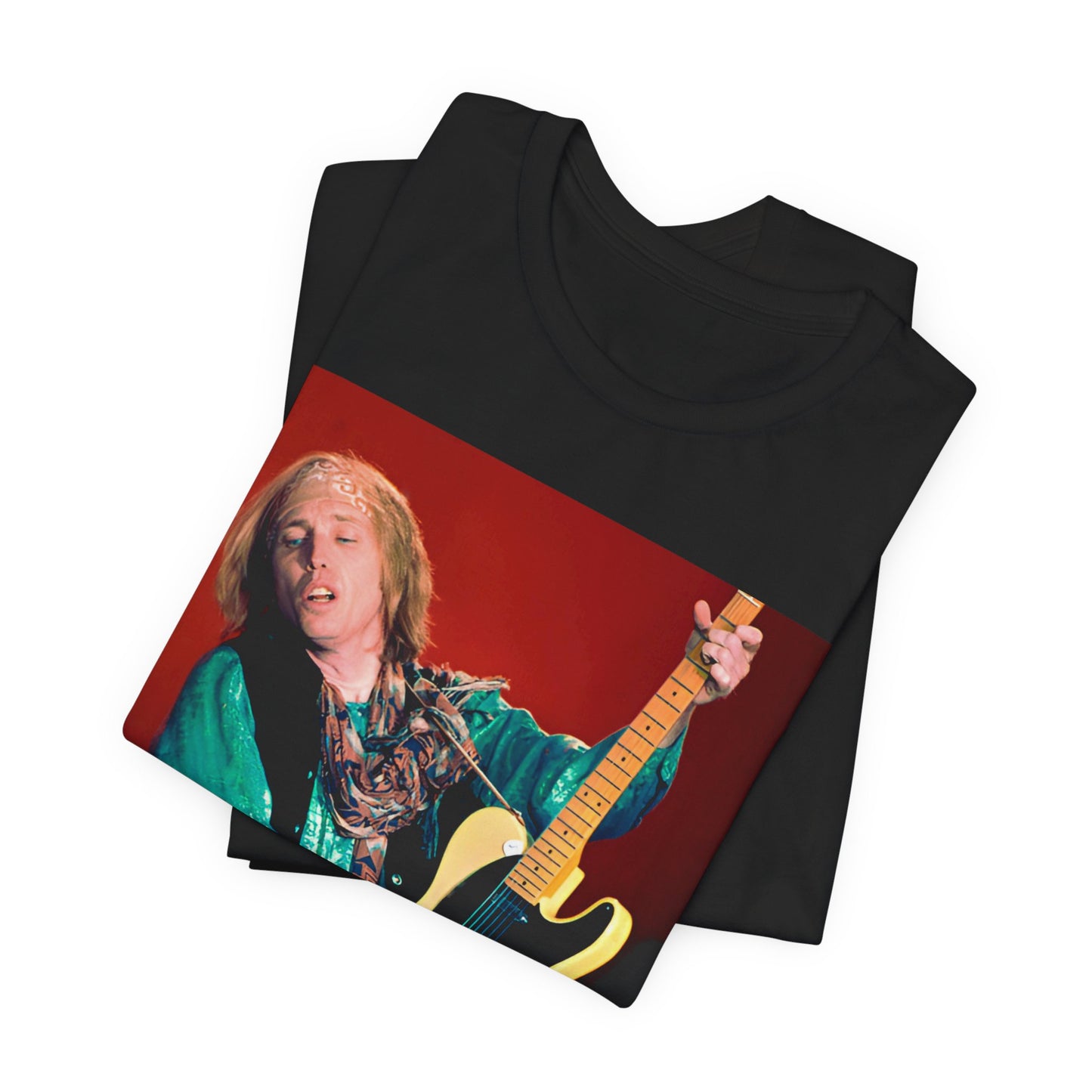 A black graphic t-shirt featuring a graphic related to Tom Petty's 'Free Fallin'' song or era concert.