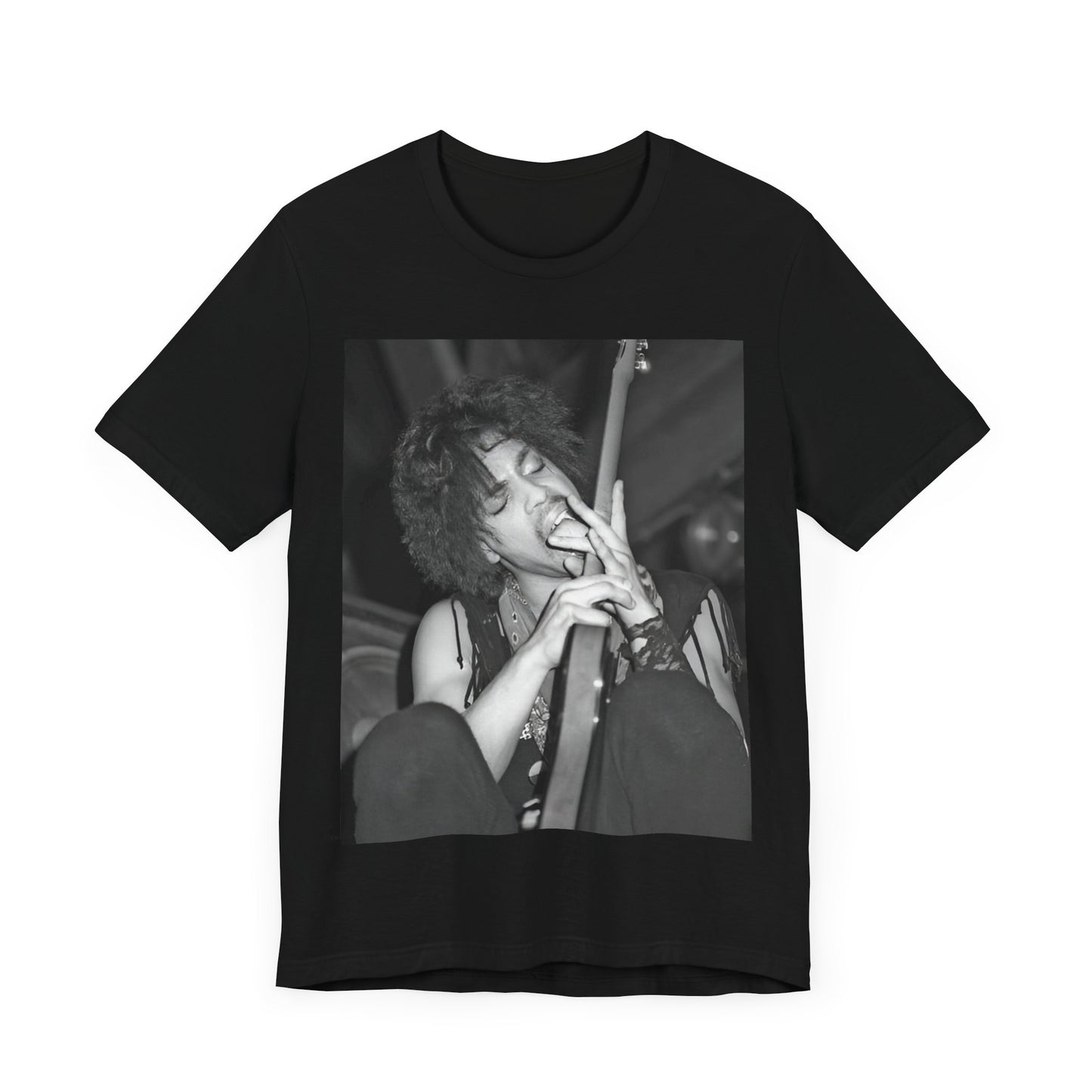 A black graphic t-shirt featuring a graphic or photo of Prince performing wildly on stage.