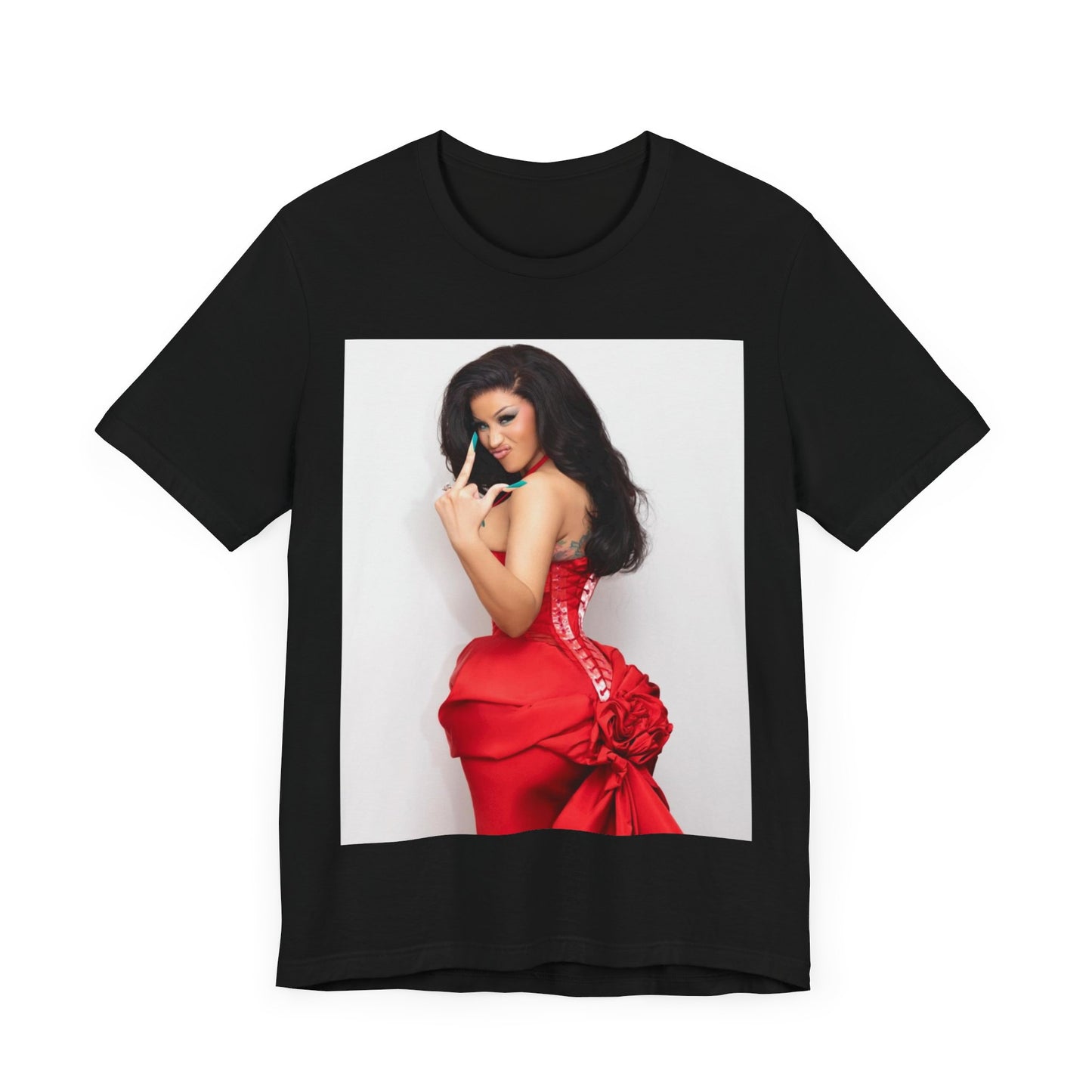 A black graphic t-shirt featuring a graphic of Cardi B making 'the finger' gesture.