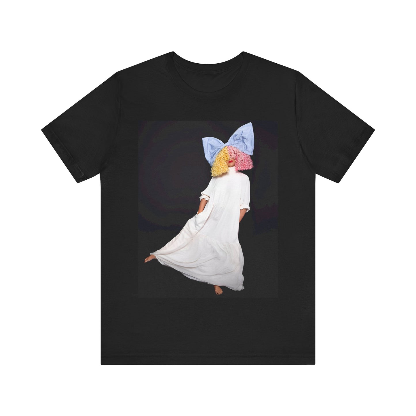 A black graphic t-shirt featuring a vintage pop icon graphic of Sia.