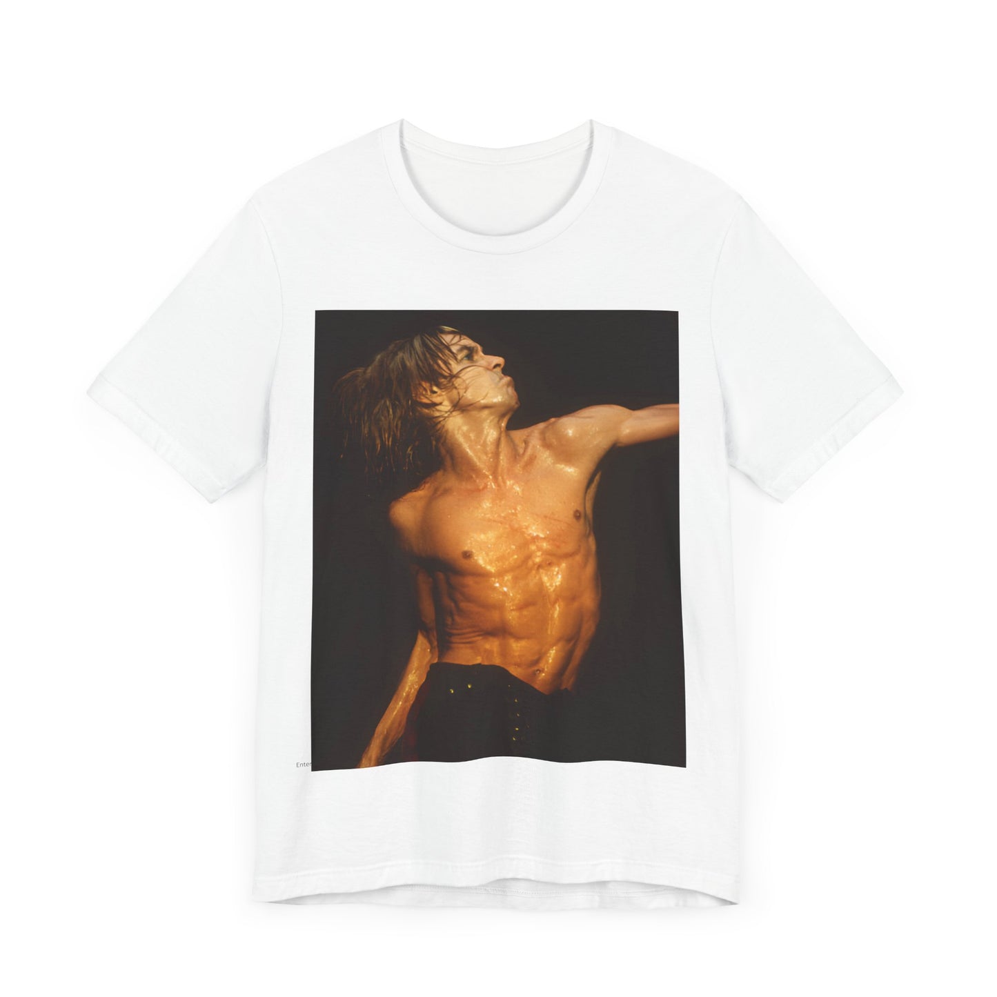 A black graphic t-shirt featuring an iconic photo of Iggy Pop performing live on stage.