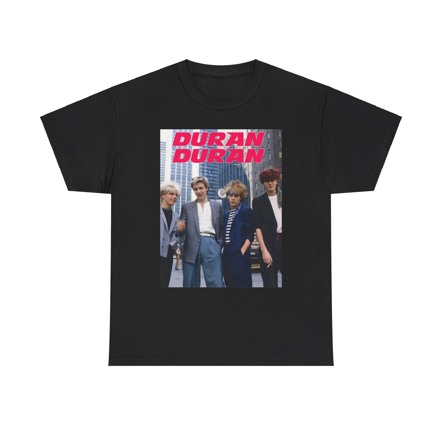 A black graphic t-shirt featuring a vintage 80s new romantic graphic of Duran Duran.