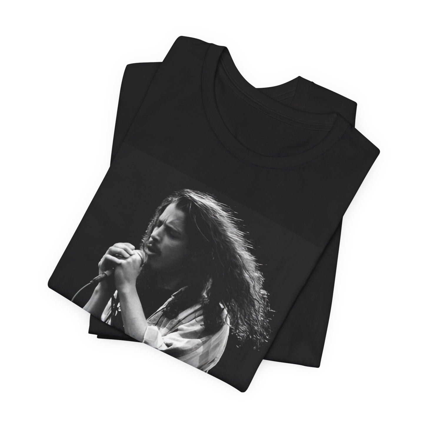 A black graphic t-shirt featuring a black and white graphic of Chris Cornell from 1996.