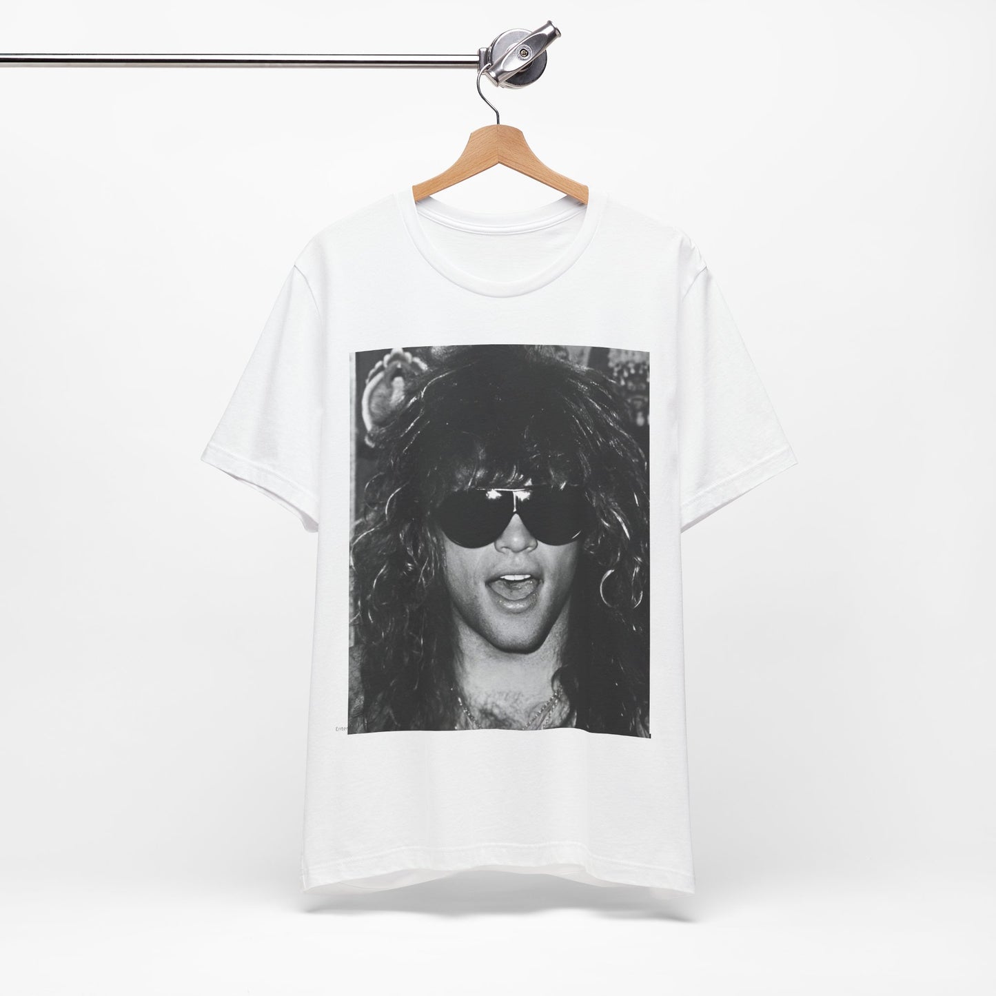 A black graphic t-shirt featuring a graphic or photo of Bon Jovi in a backstage setting.