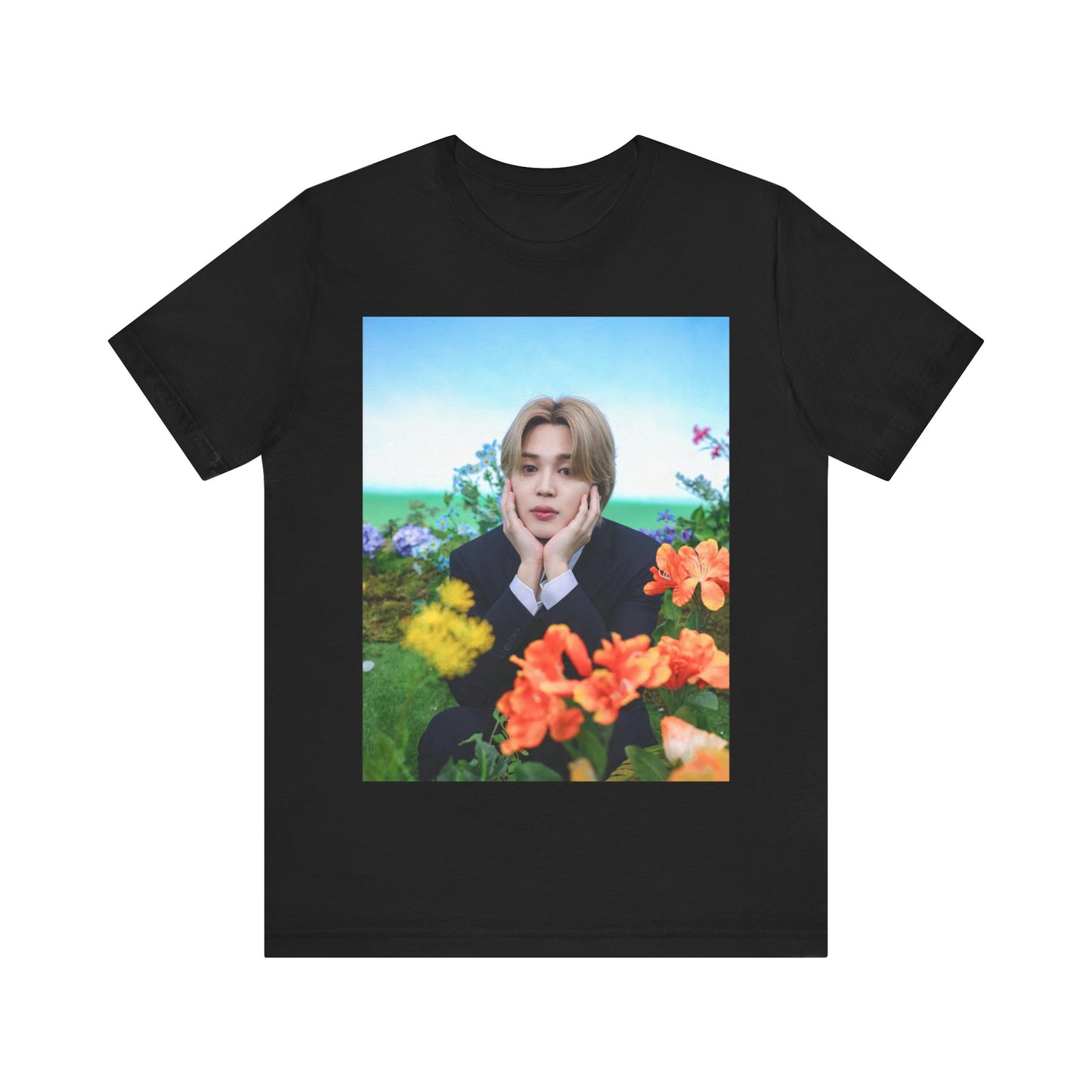 A black graphic t-shirt featuring a graphic related to Jimin's 'Serendipity' era.