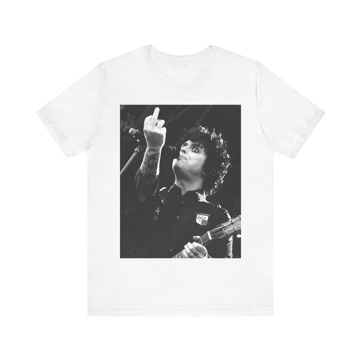 A black graphic t-shirt featuring a graphic of Billie Joe Armstrong from Green Day giving the middle finger during a concert.