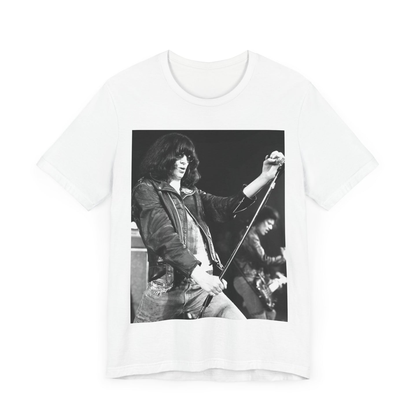A black graphic t-shirt featuring a graphic of Joey Ramone from Ramones as the Godfather of Punk.