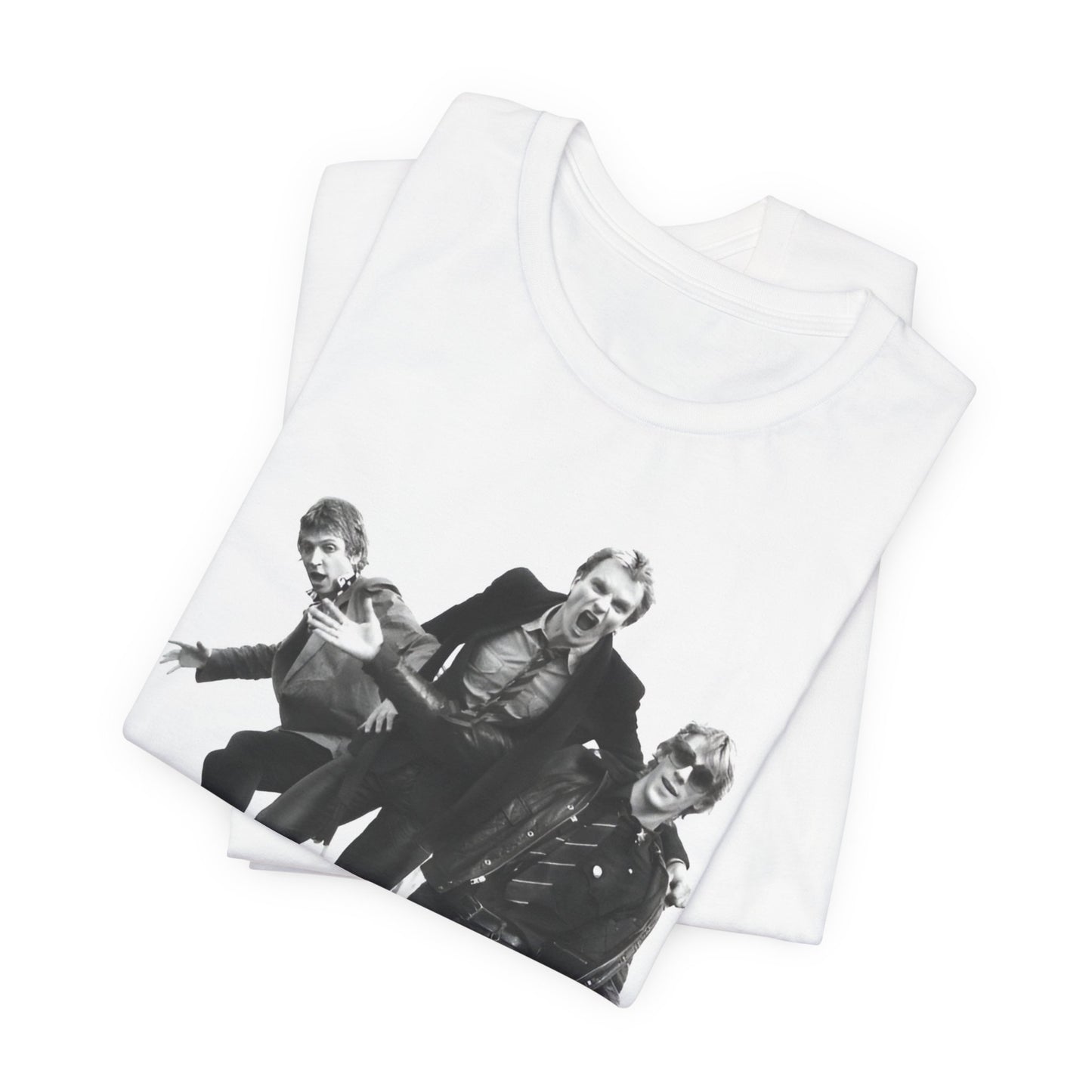 A black graphic t-shirt featuring an early days reggae rock graphic of The Police.