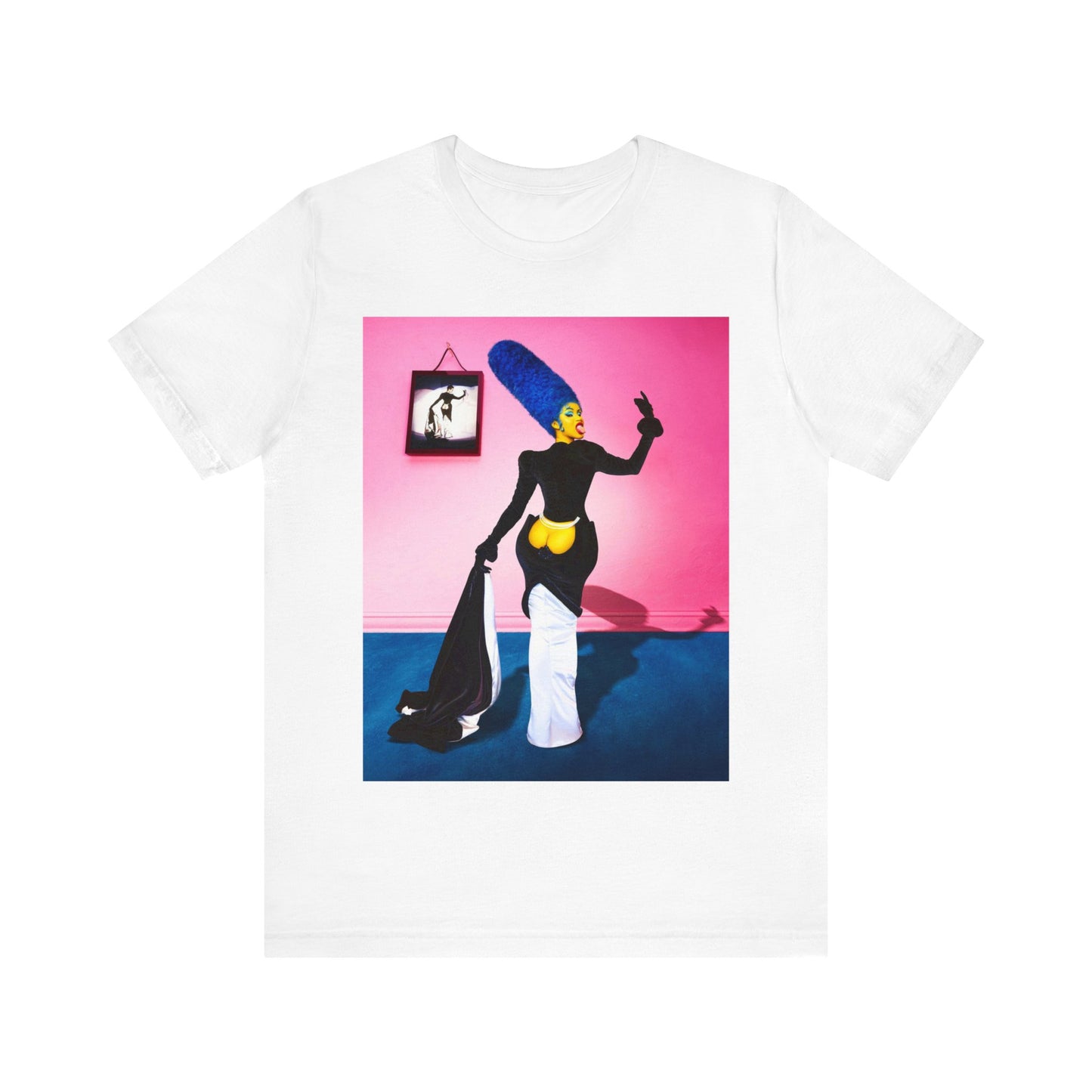 A black graphic t-shirt featuring a photo or graphic of Cardi B blended with elements or characters from The Simpsons.