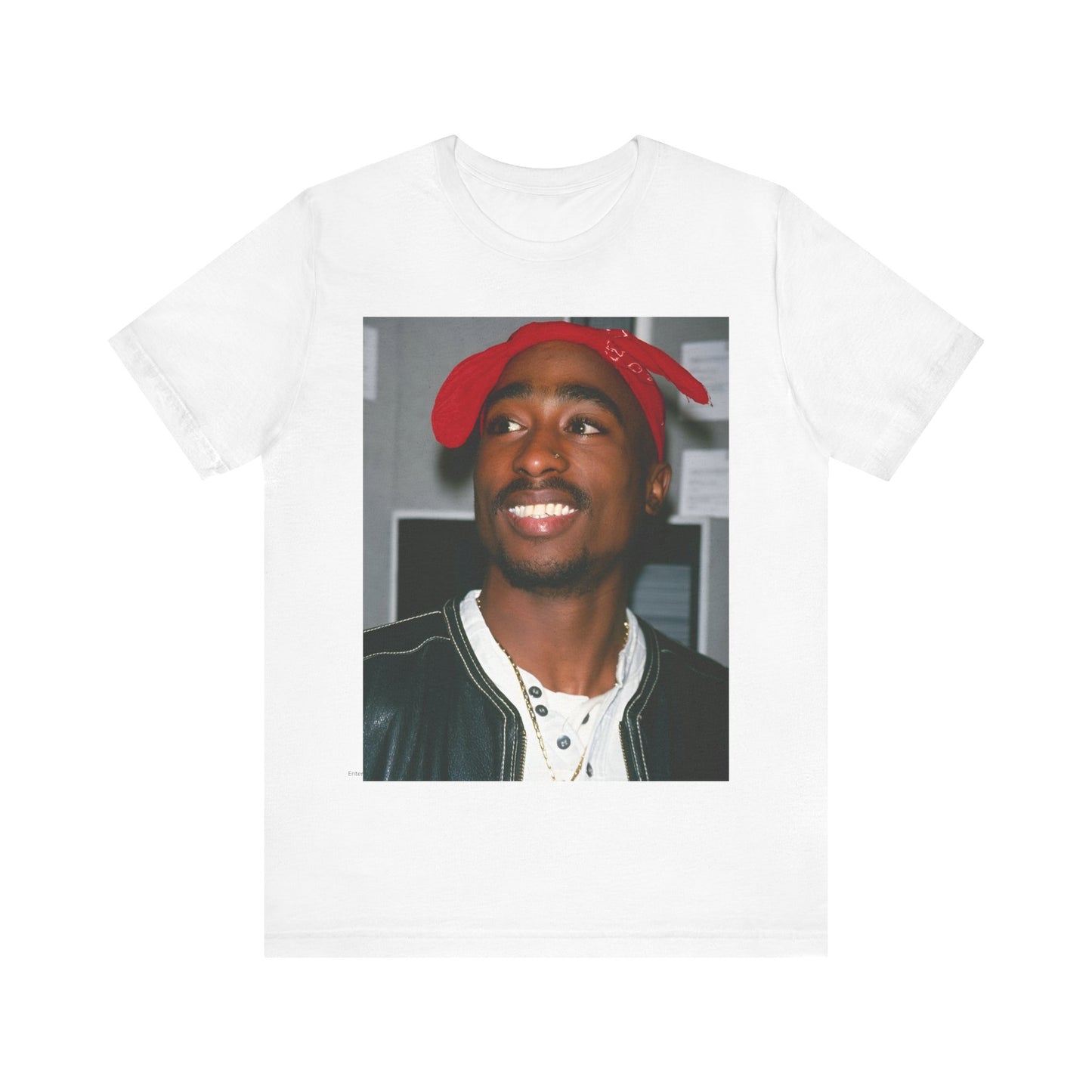 A black graphic t-shirt featuring a graphic of Tupac with his iconic bandana style.