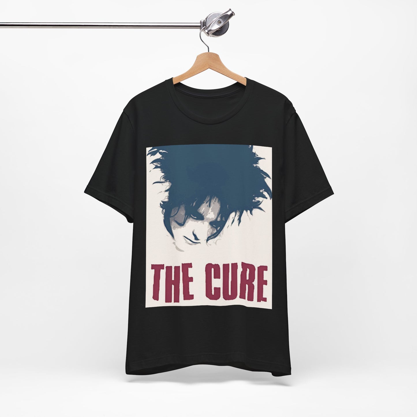 A black graphic t-shirt featuring a graphic related to The Cure's 'Boys Don't Cry' song or era.