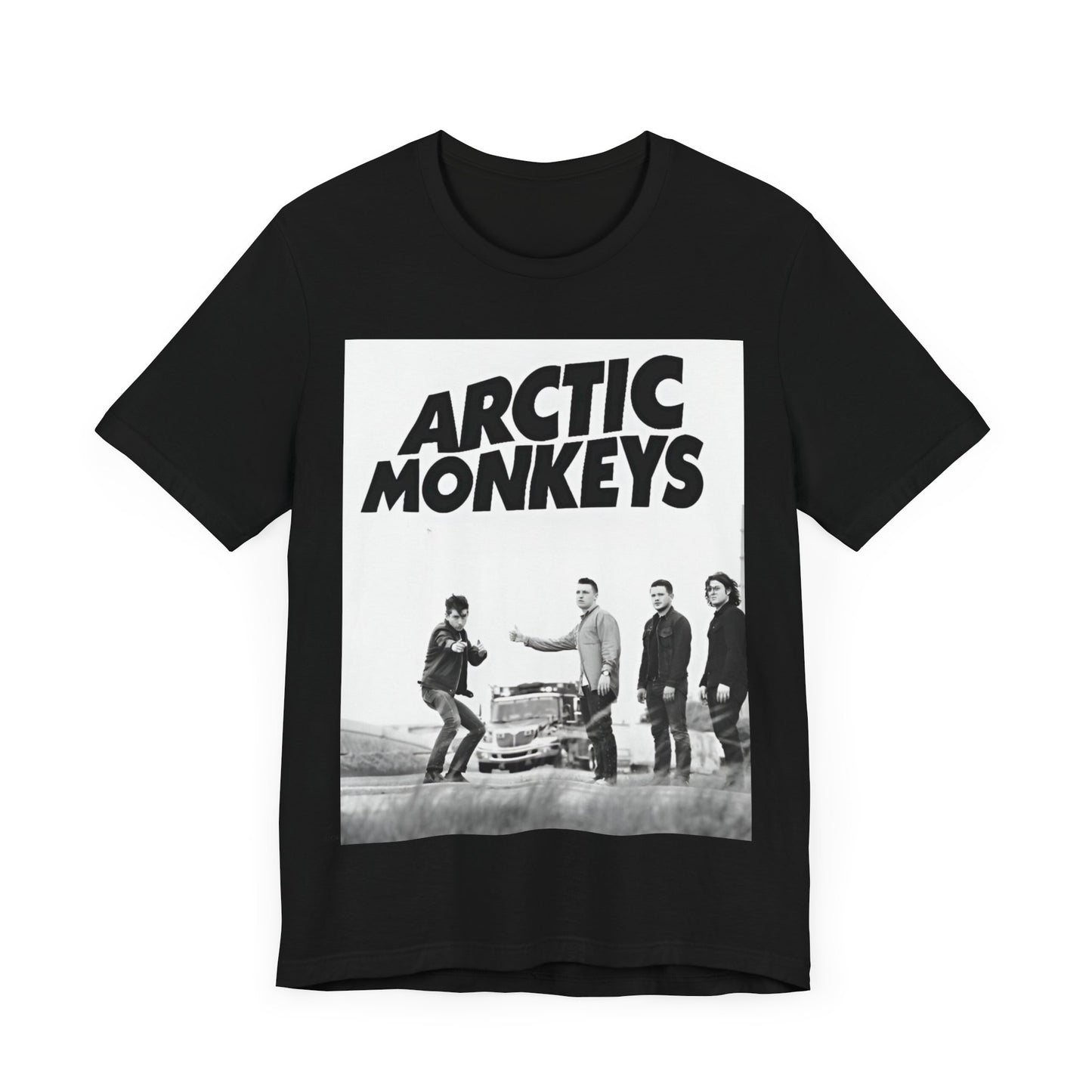 A black graphic t-shirt featuring the Arctic Monkeys logo in black and white.