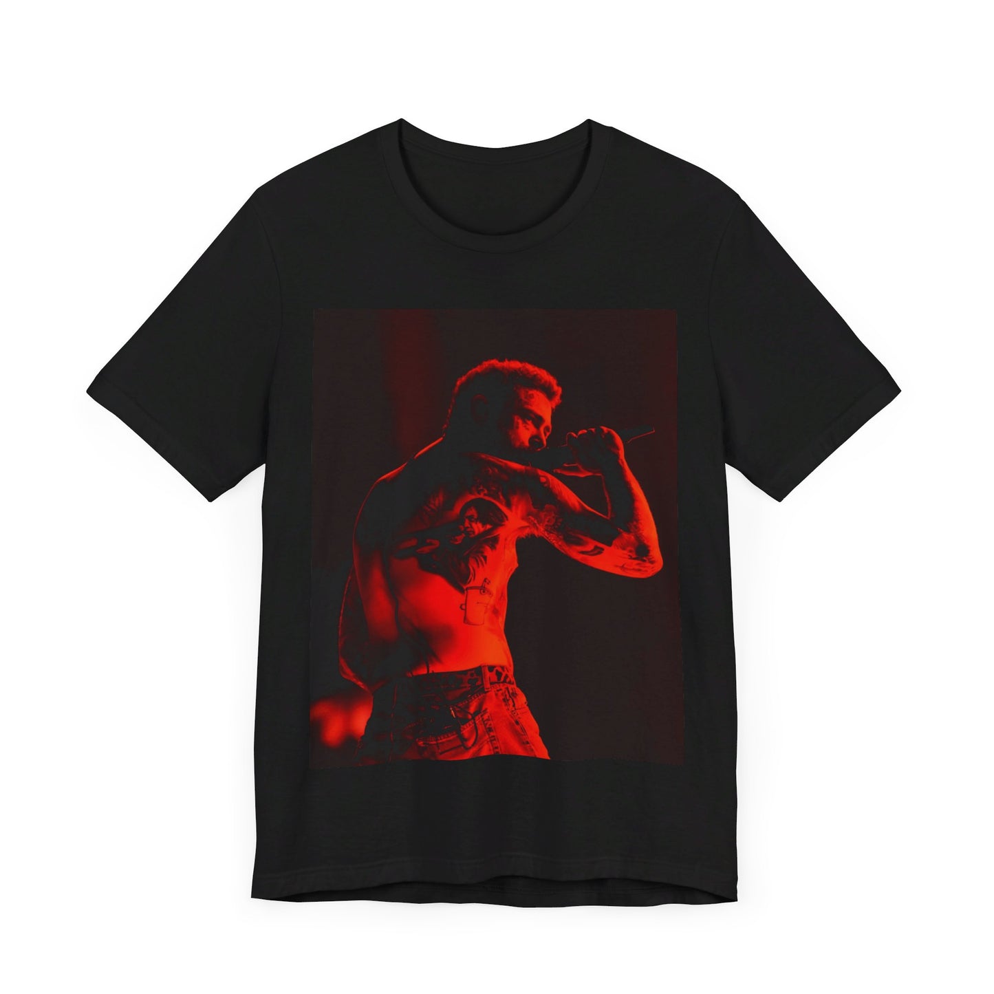 A black graphic t-shirt featuring a graphic related to Post Malone's 'Stoney' album or live performances.