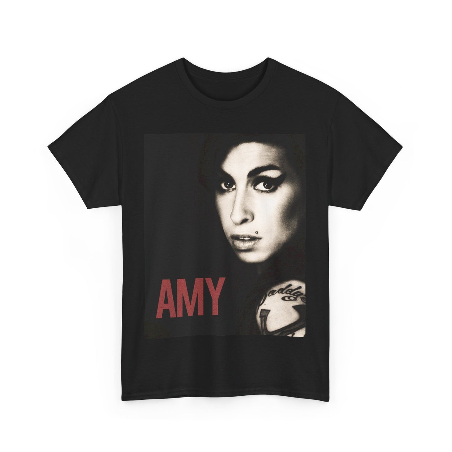 A black graphic t-shirt featuring a stylized graphic of Amy Winehouse, designed to represent her enduring legacy, possibly with her name or iconic elements.