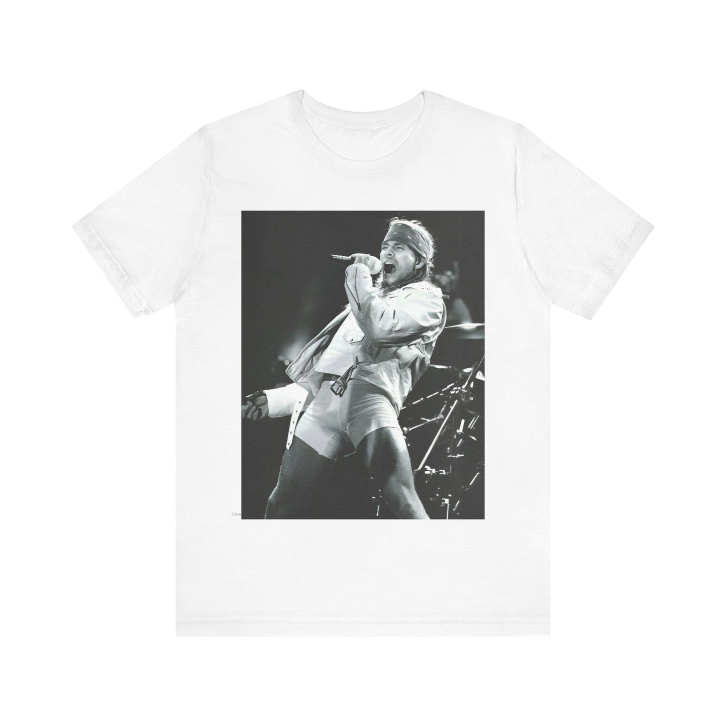 A black graphic t-shirt featuring a black and white graphic or photo of Axl Rose from Guns N' Roses performing on stage in the 90s.