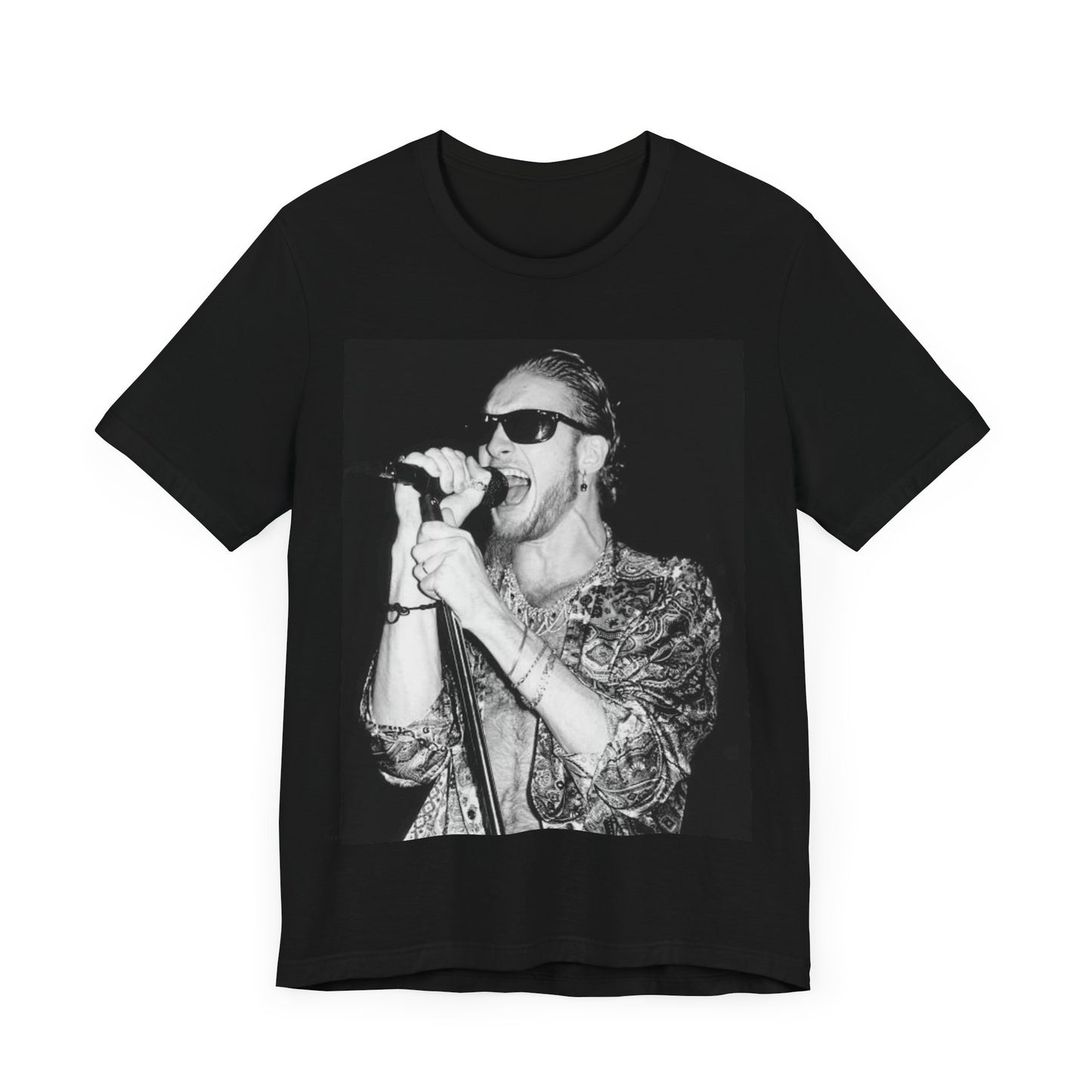 A black graphic t-shirt featuring an iconic black and white portrait photo of Layne Staley from Alice In Chains, showing his distinctive look.