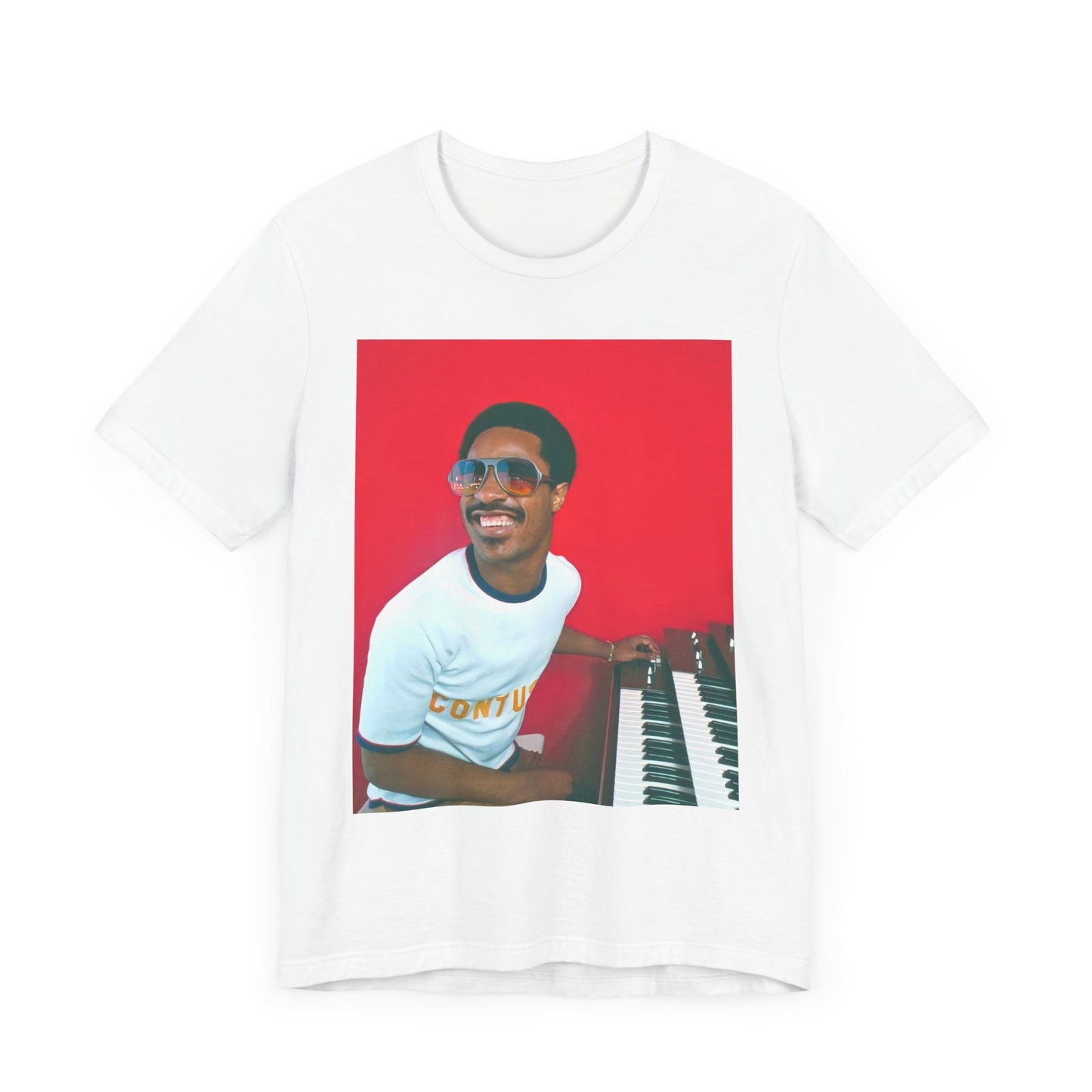 A black graphic t-shirt featuring a graphic of Stevie Wonder with a piano.