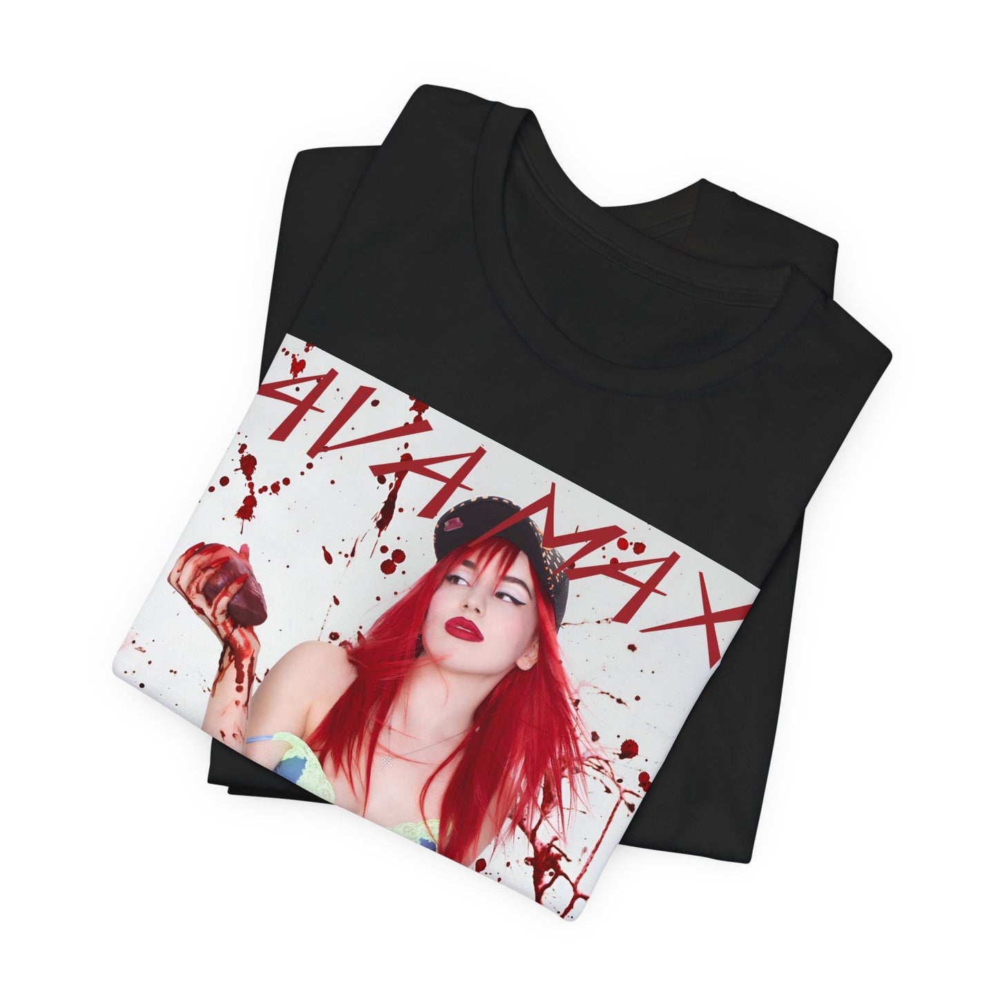 A black graphic t-shirt featuring a bold and vibrant pop art style graphic of Ava Max.